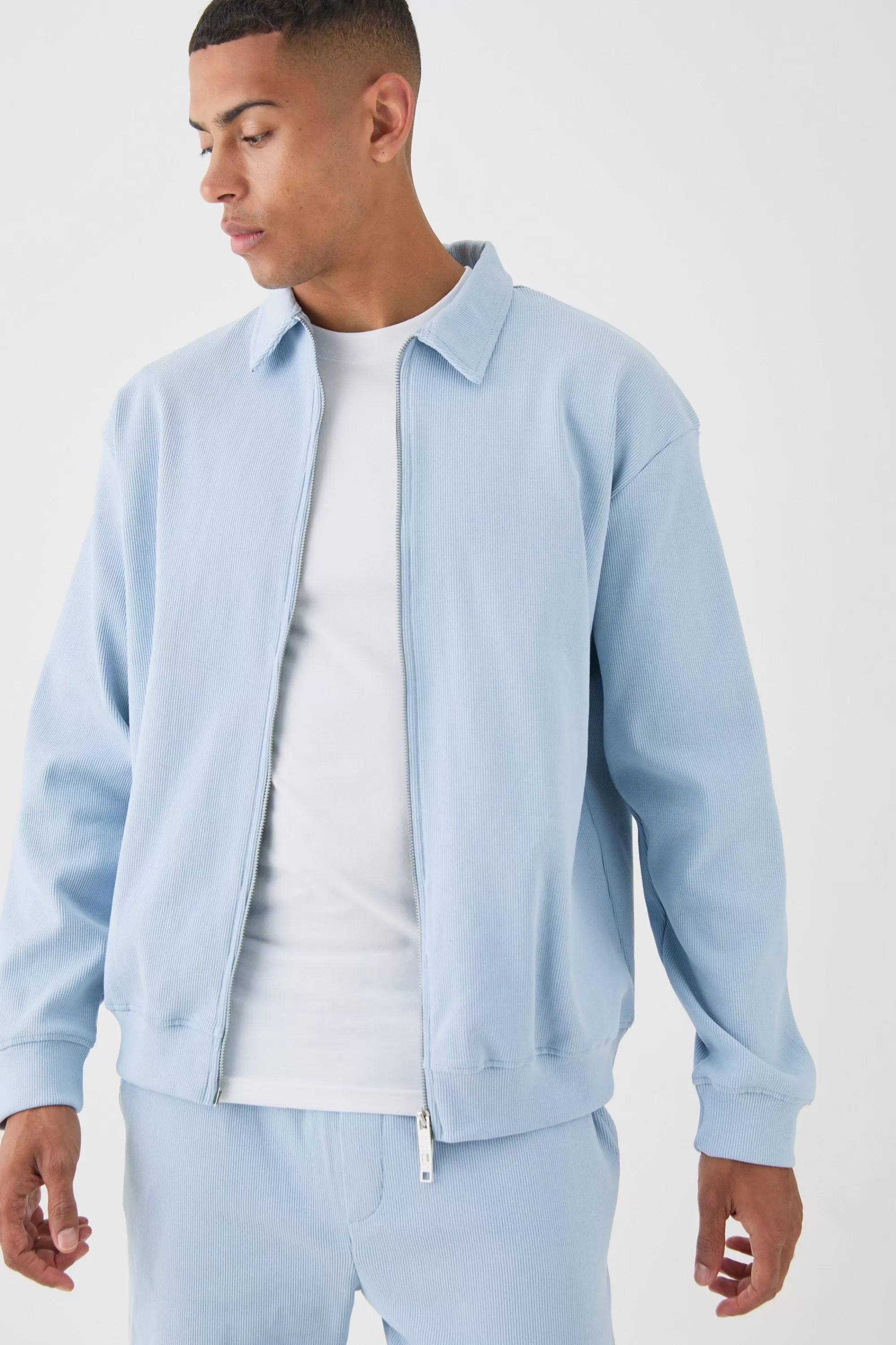 boohooMAN Oversized Boxy Heavyweight Ribbed Harrington Set | UK