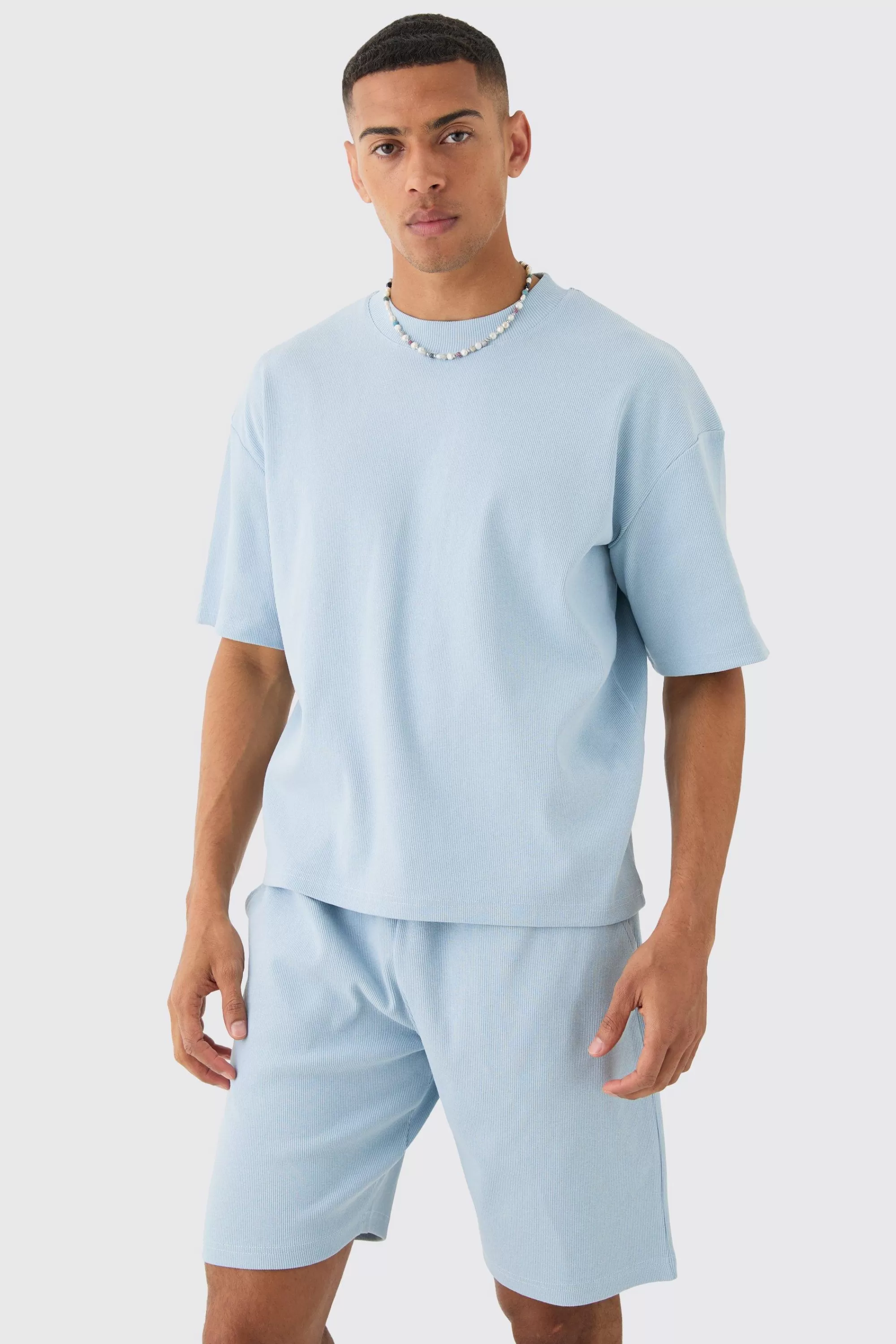 boohooMAN Oversized Boxy Heavyweight Ribbed T-shirt & Shorts Set | UK