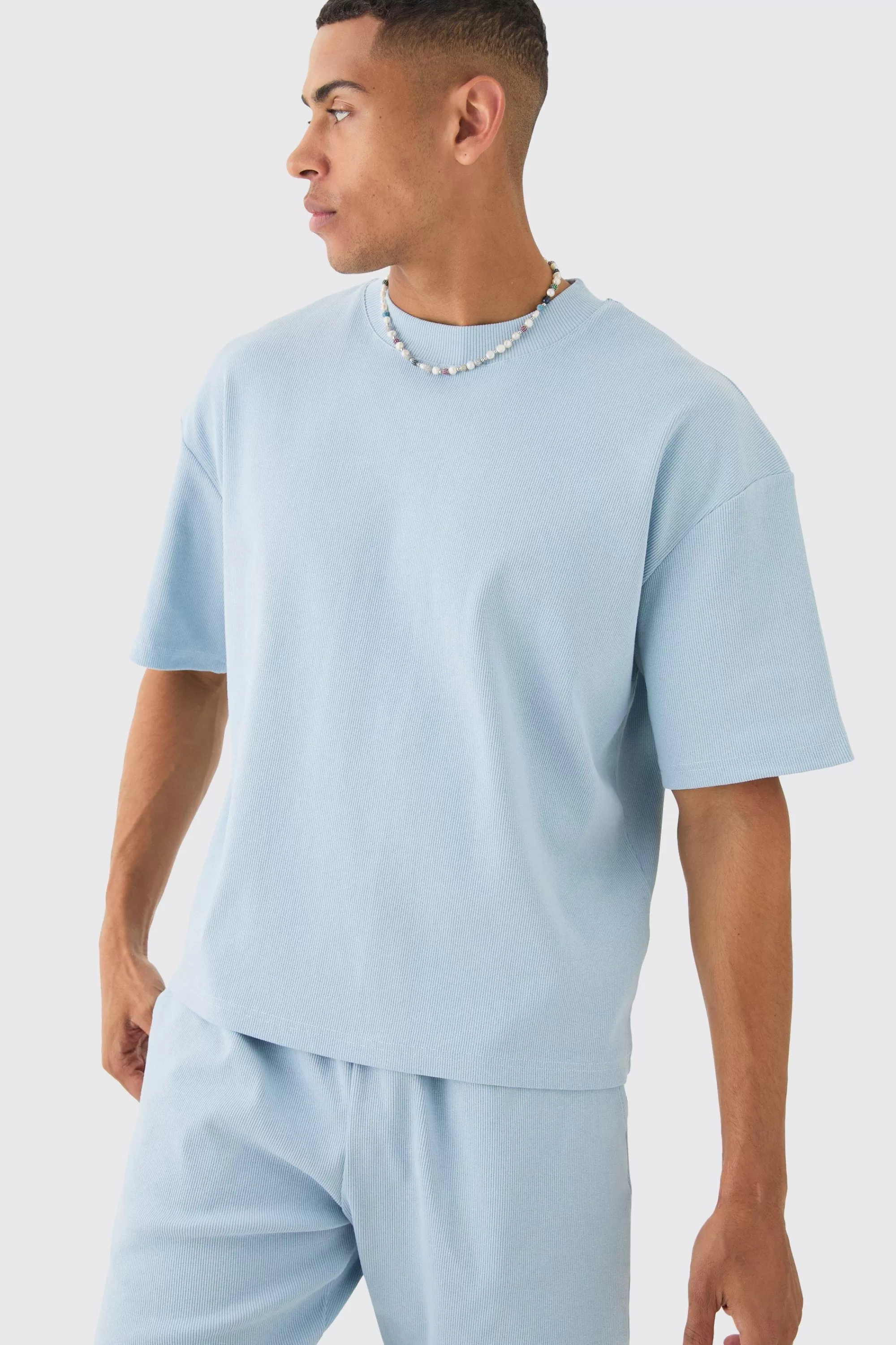 boohooMAN Oversized Boxy Heavyweight Ribbed T-shirt & Shorts Set | UK