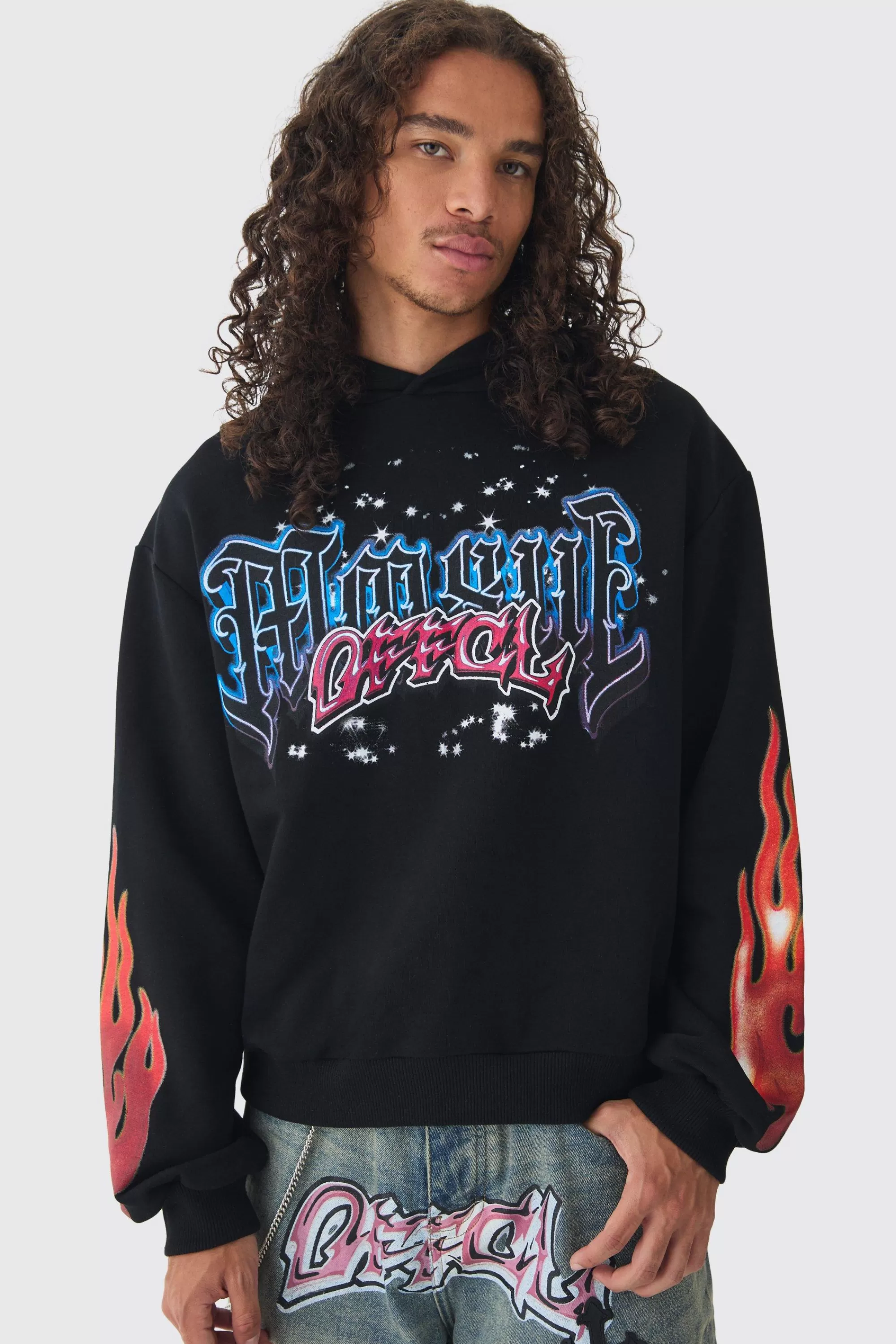 boohooMAN Oversized Boxy Homme Offcl Print Graphic Hoodie | UK