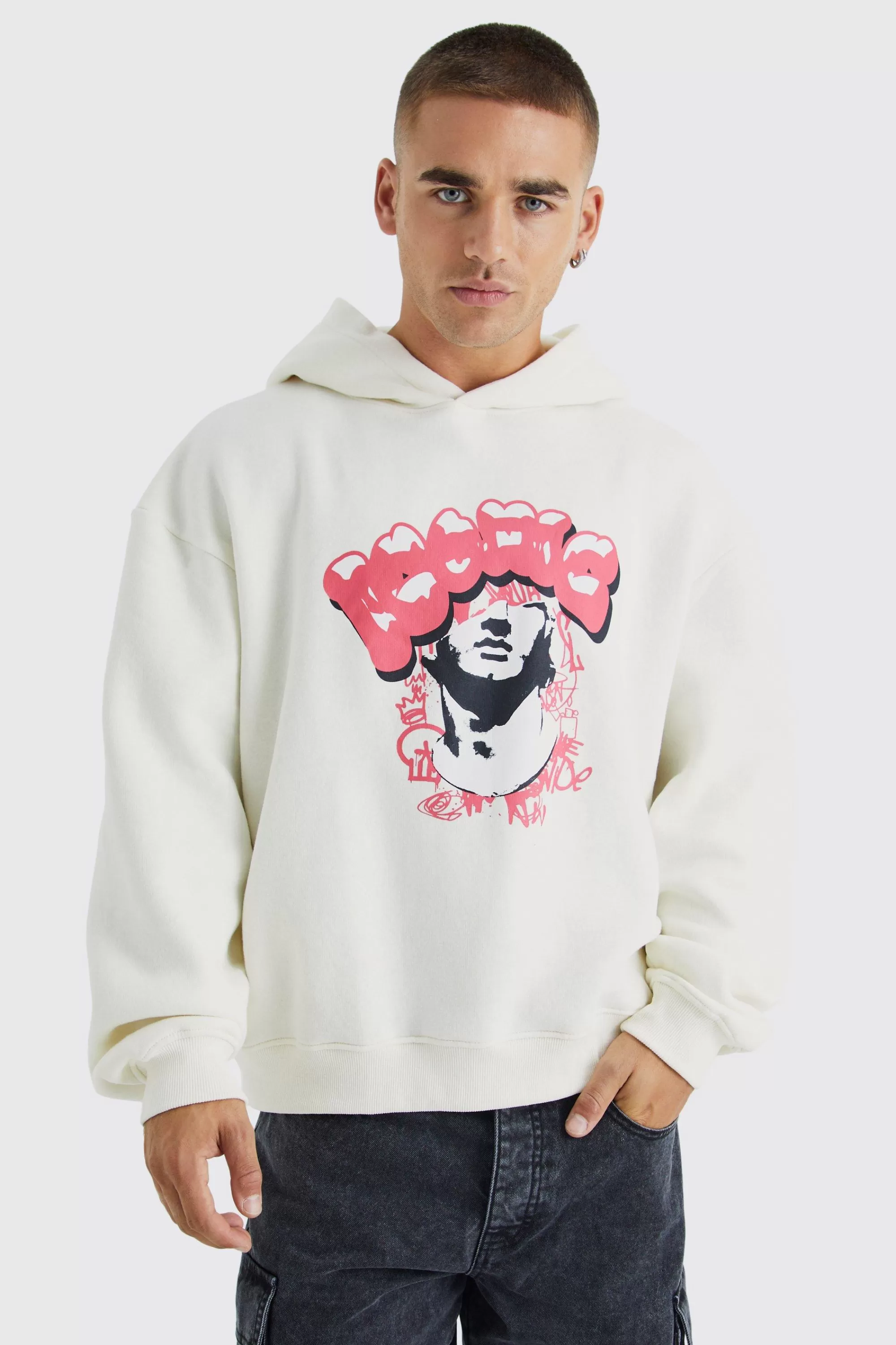boohooMAN Oversized Boxy Homme Print Hoodie | UK