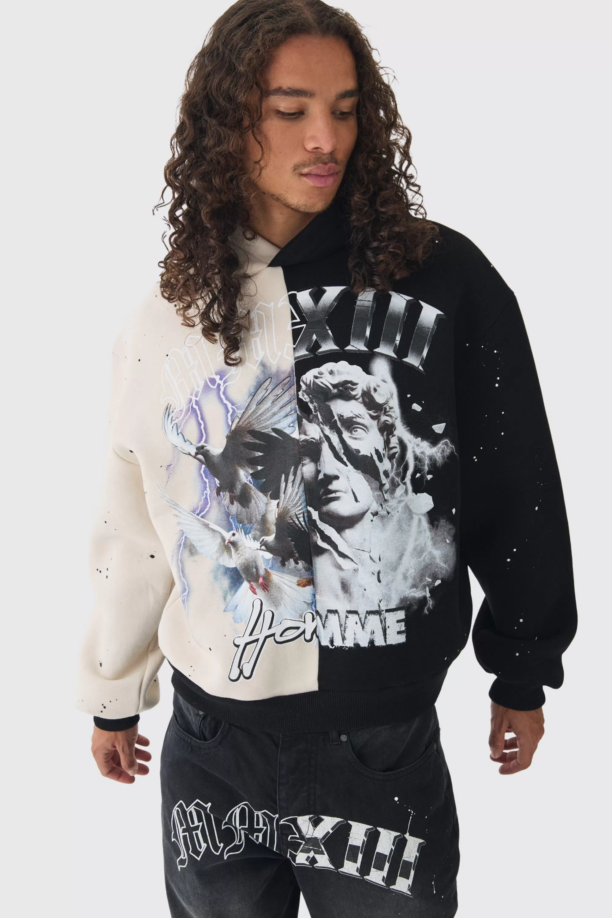 boohooMAN Oversized Boxy Homme Renaissance Spliced Print Hoodie | UK