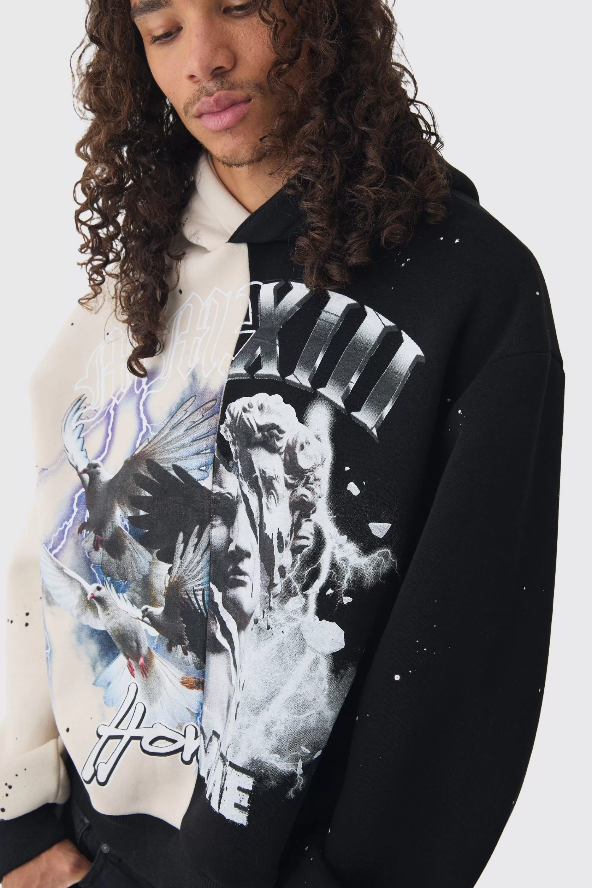 boohooMAN Oversized Boxy Homme Renaissance Spliced Print Hoodie | UK