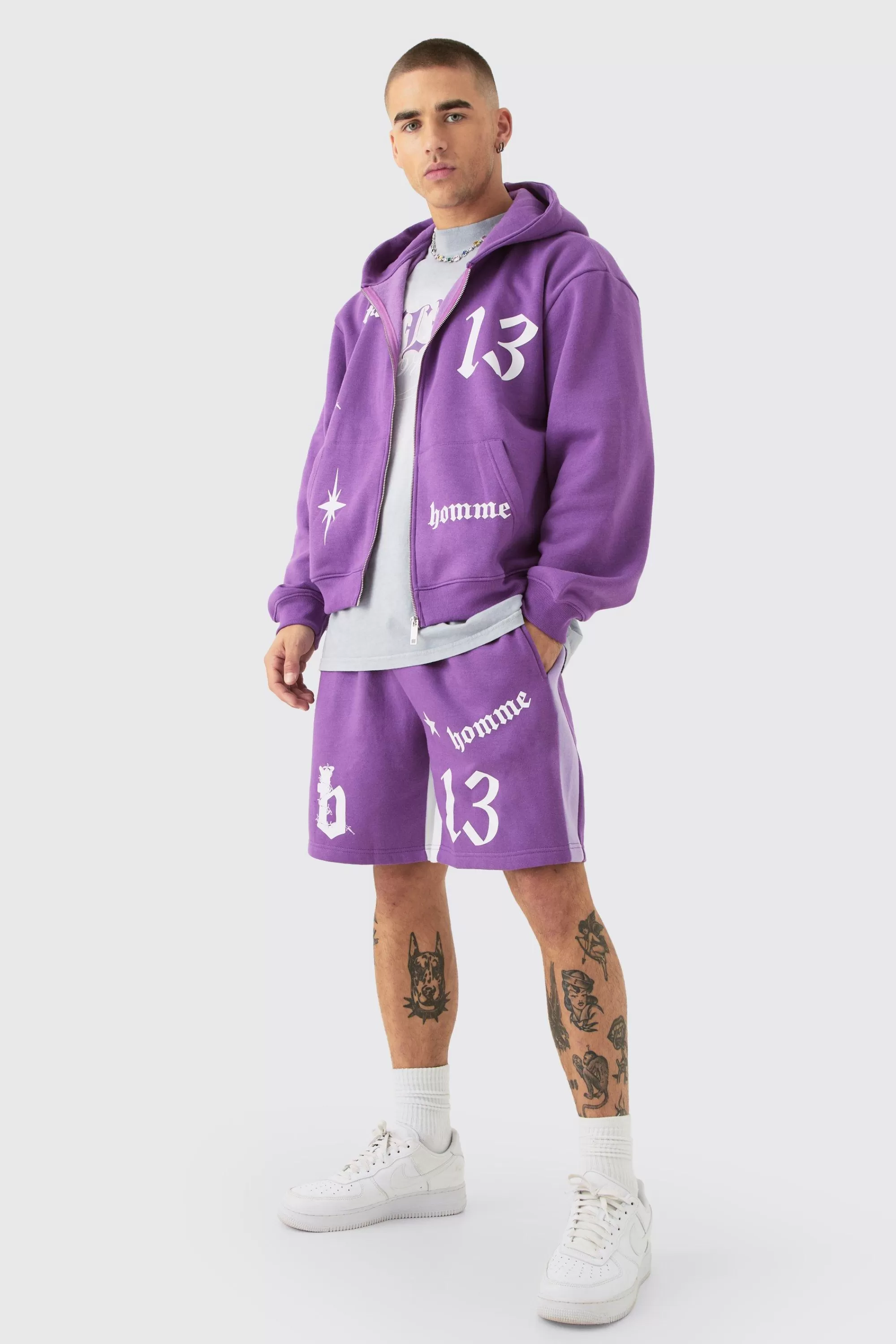 boohooMAN Oversized Boxy Hooded Gusset Short Tracksuit | UK