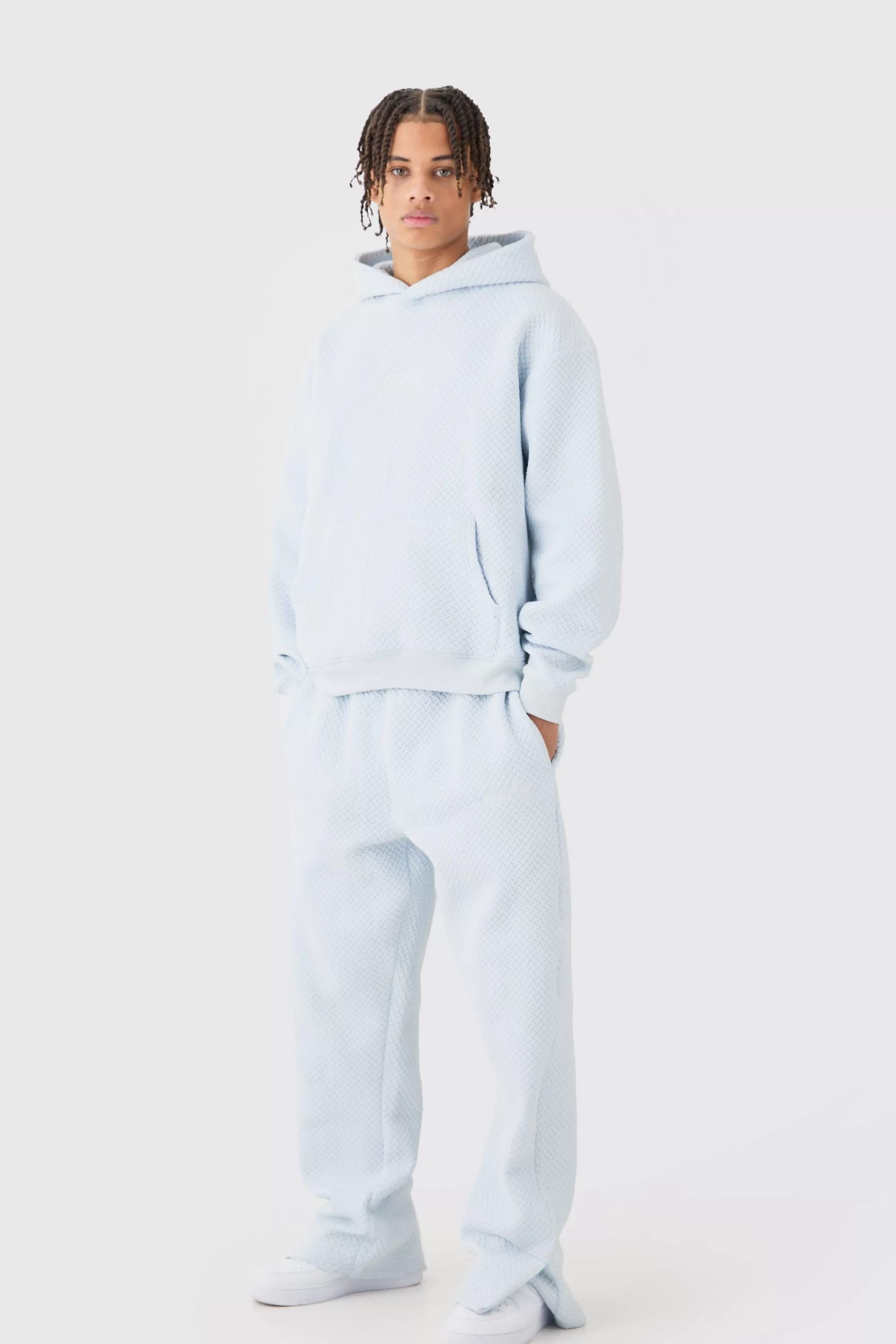 boohooMAN Oversized Boxy Jacquard Quilted Embroided Hooded Tracksuit | UK
