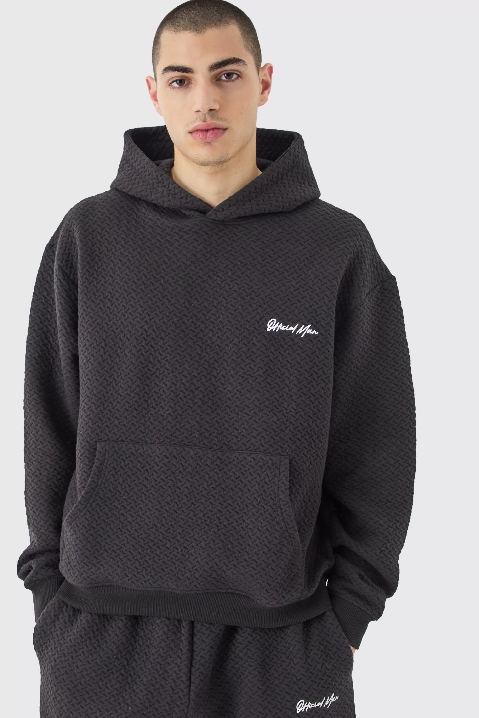 boohooMAN Oversized Boxy Jacquard Quilted Embroided Hoodie | UK