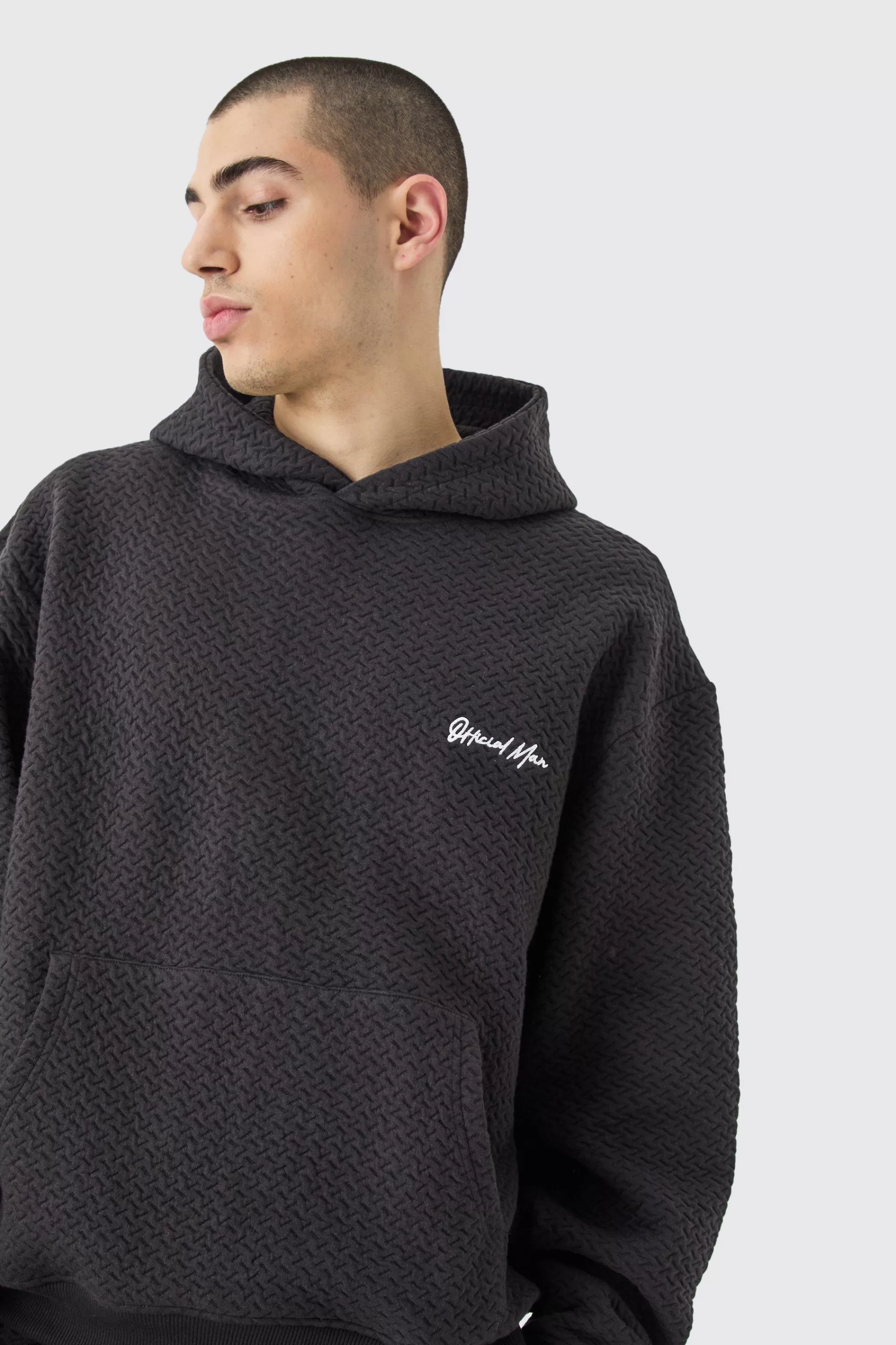 boohooMAN Oversized Boxy Jacquard Quilted Embroided Hoodie | UK