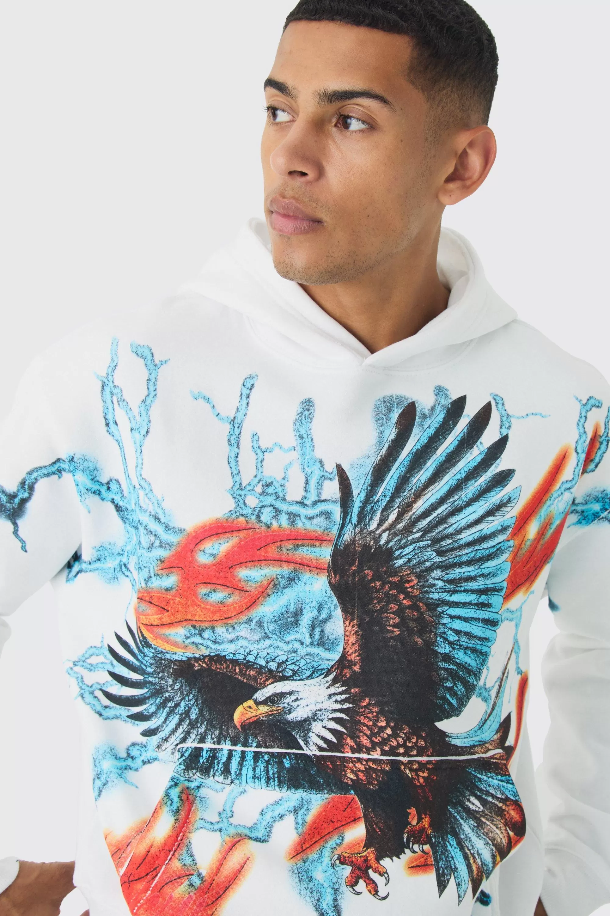 boohooMAN Oversized Boxy Large Scale Lightning Eagle Graphic Hoodie | UK