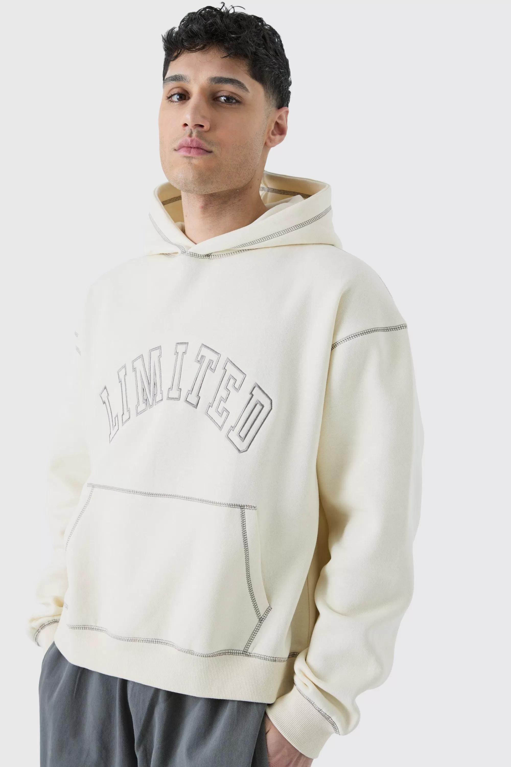 boohooMAN Oversized Boxy Limited Contrast Stitch Hoodie | UK