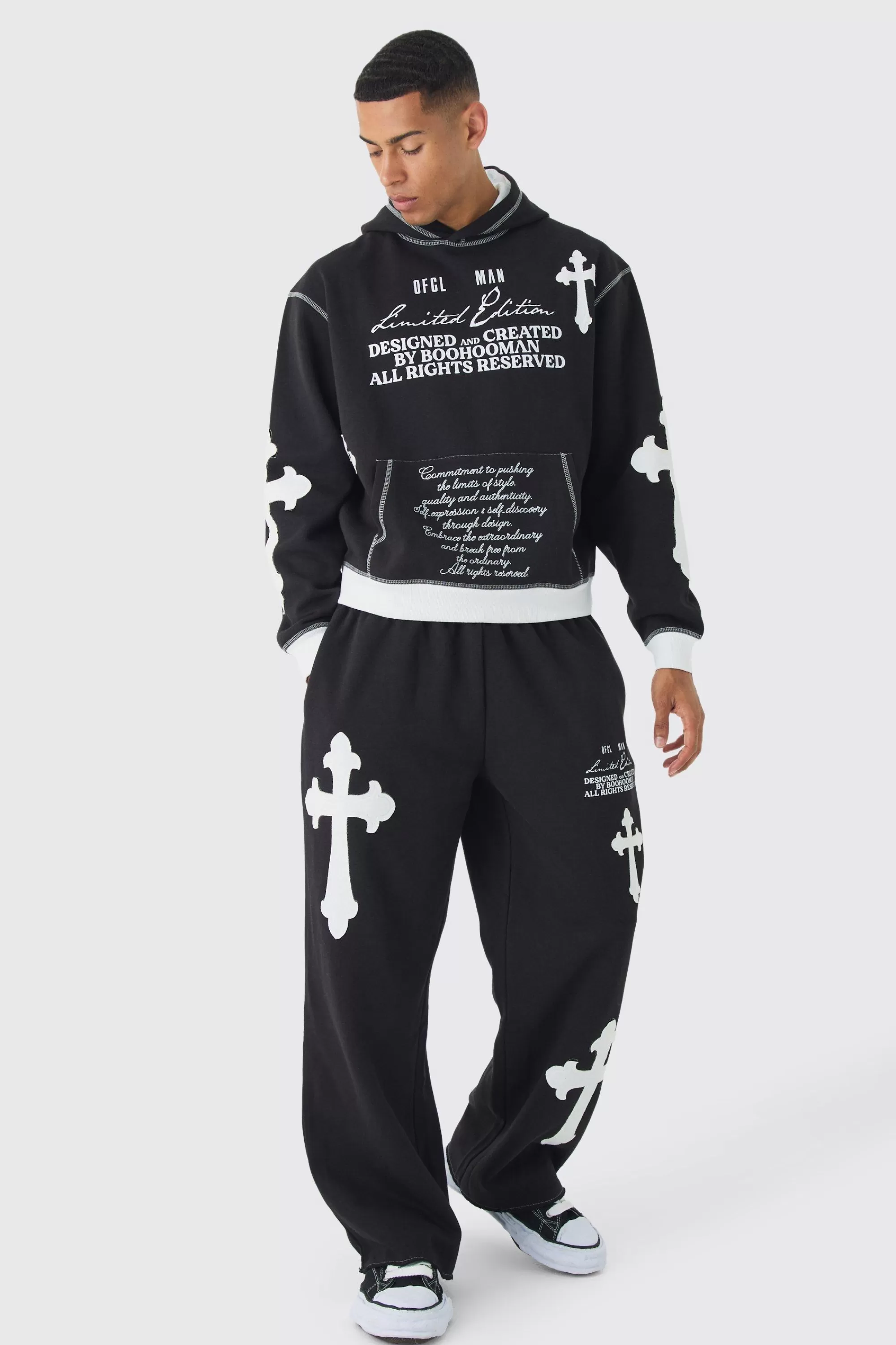 boohooMAN Oversized Boxy Limited Edition Cross Applique Hoodie And Jogger Tracksuit | UK