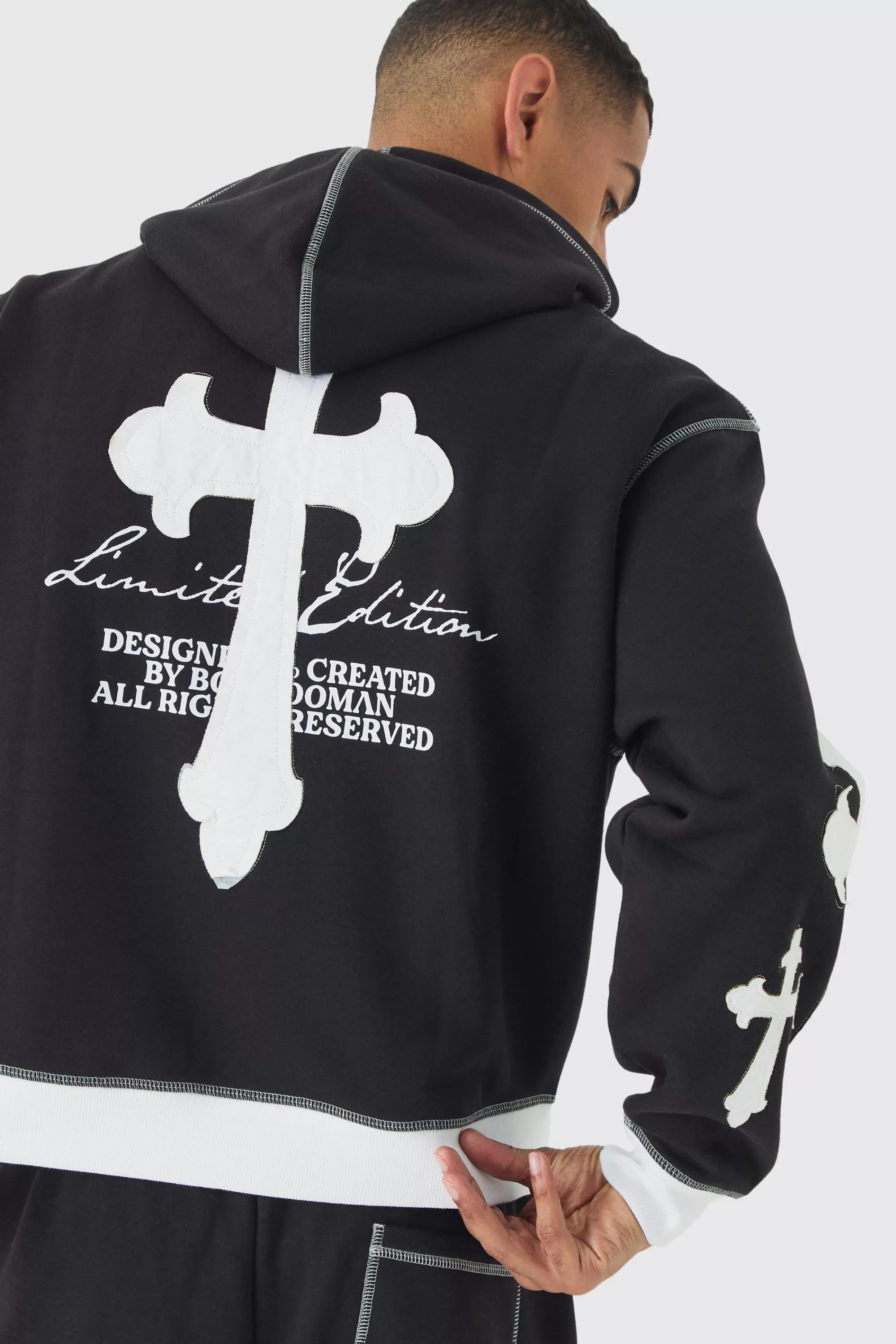 boohooMAN Oversized Boxy Limited Edition Cross Applique Hoodie And Jogger Tracksuit | UK