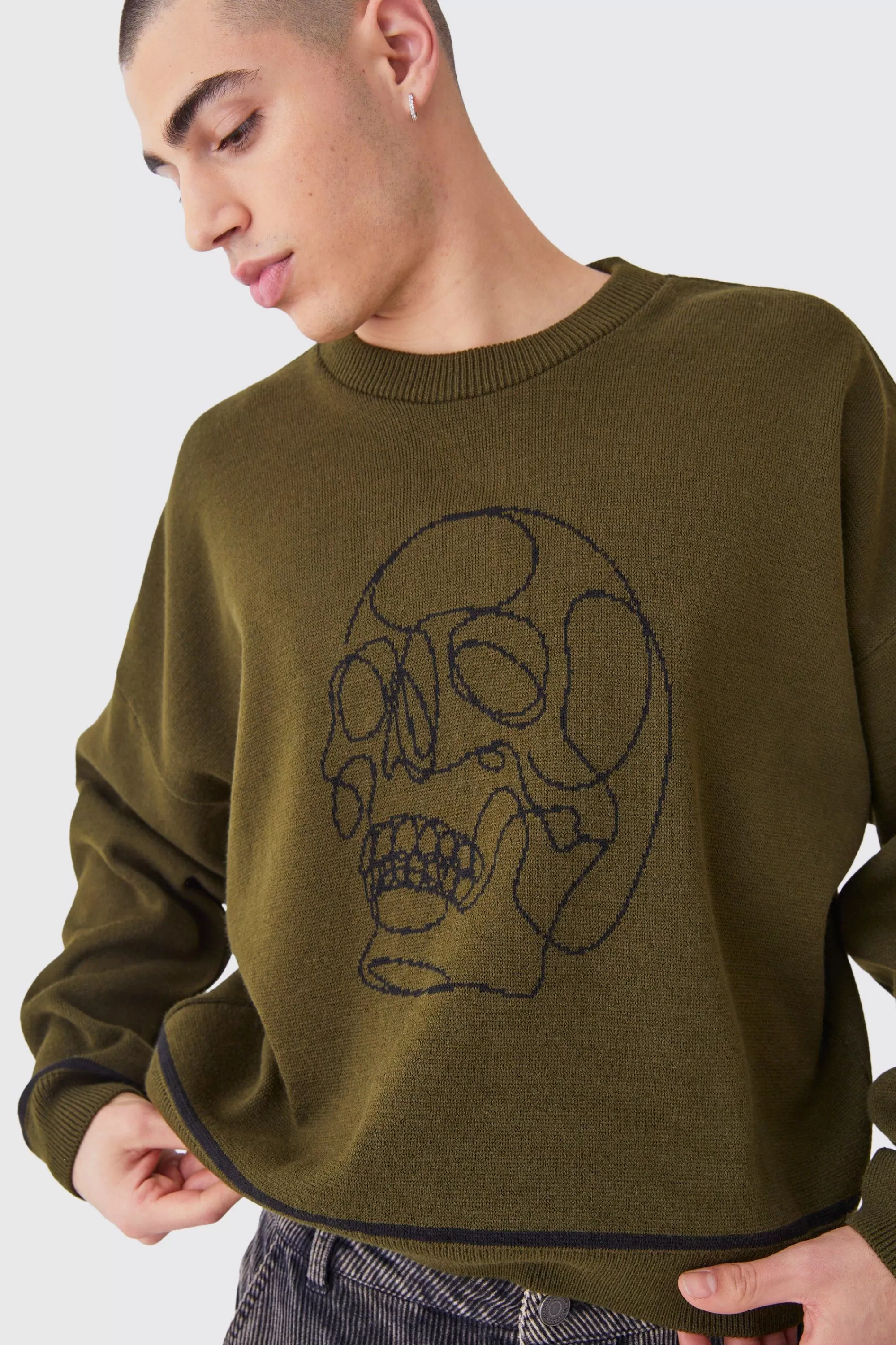 boohooMAN Oversized Boxy Line Drawing Contrast Stitch Jumper | UK