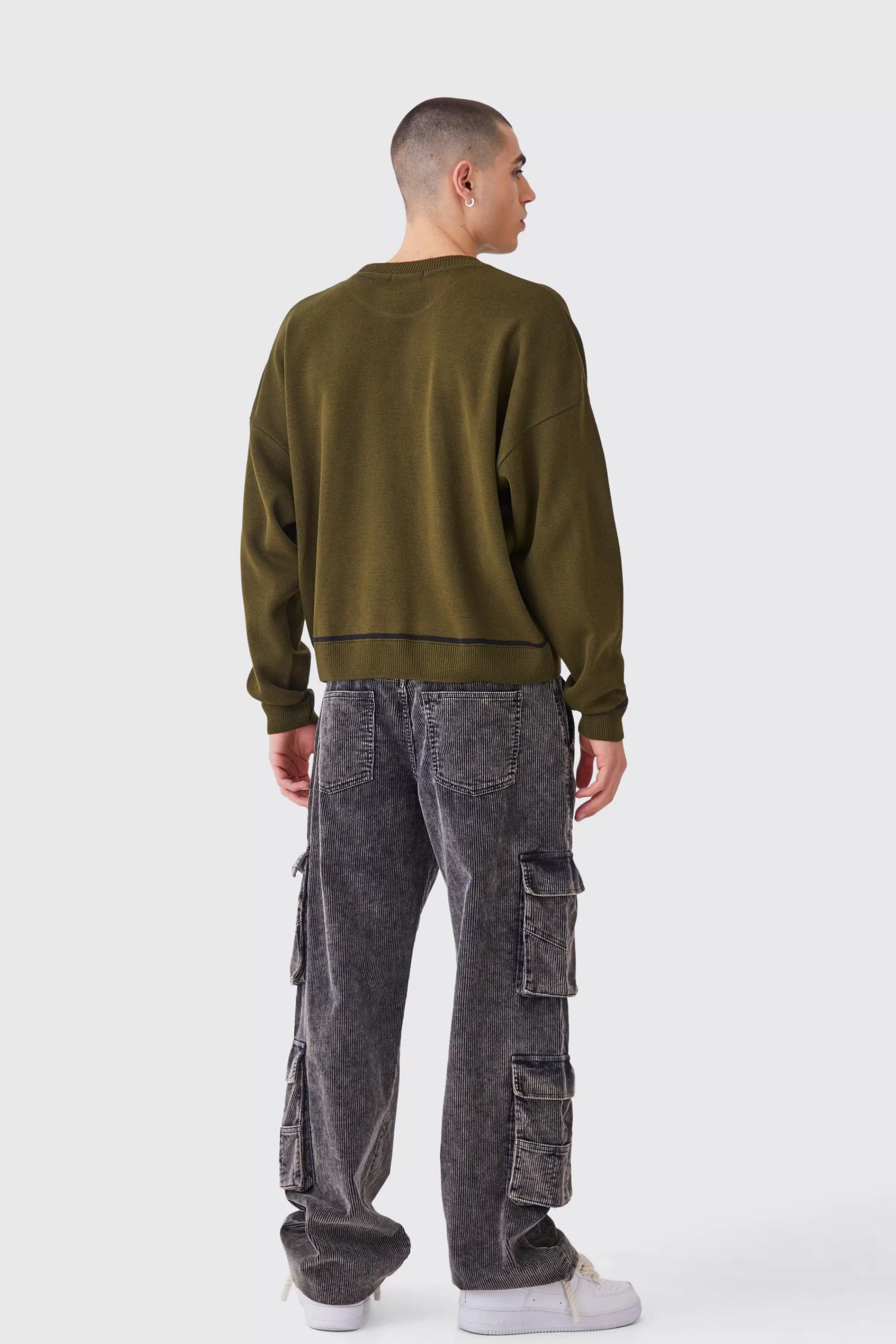 boohooMAN Oversized Boxy Line Drawing Contrast Stitch Jumper | UK