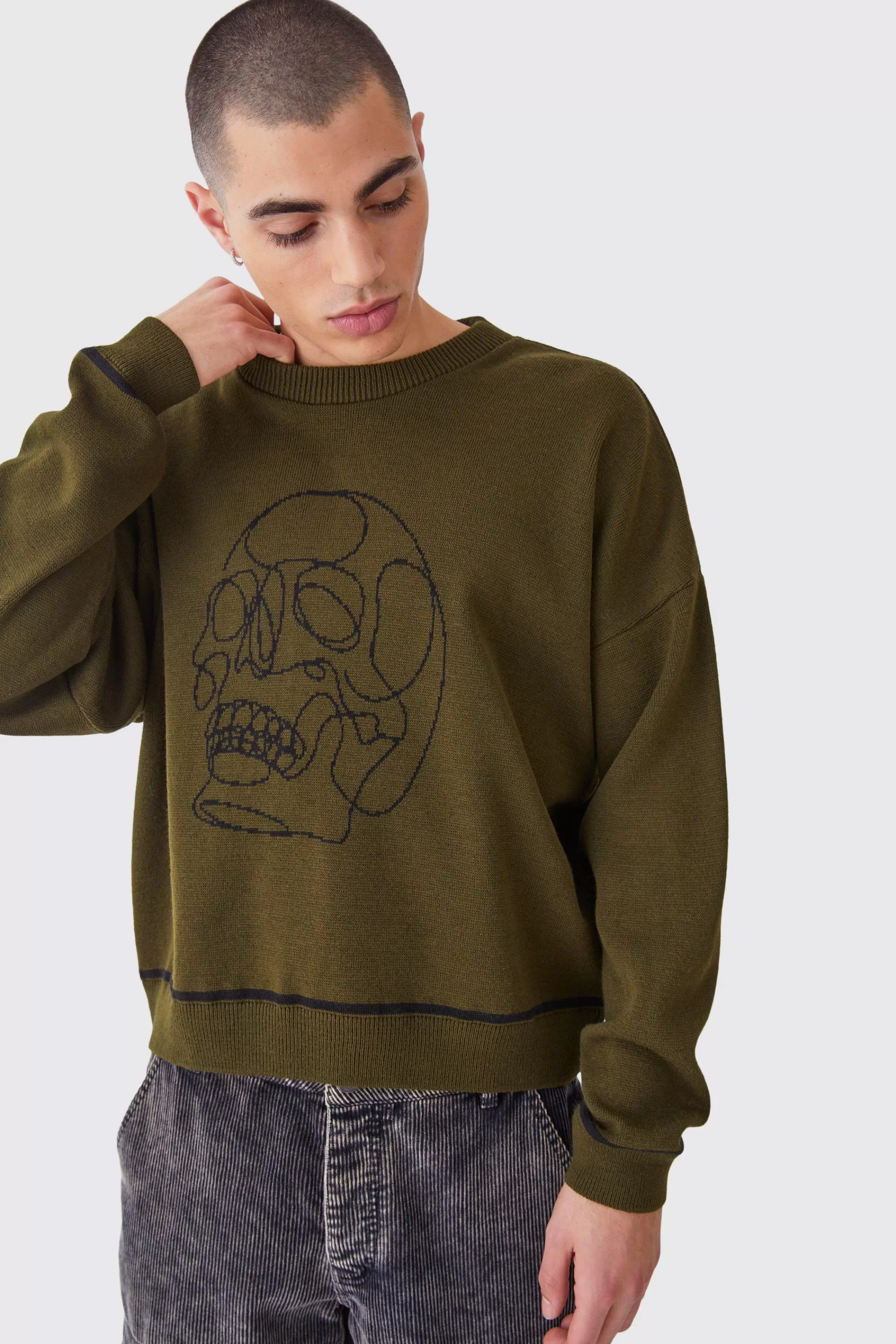 boohooMAN Oversized Boxy Line Drawing Contrast Stitch Jumper | UK