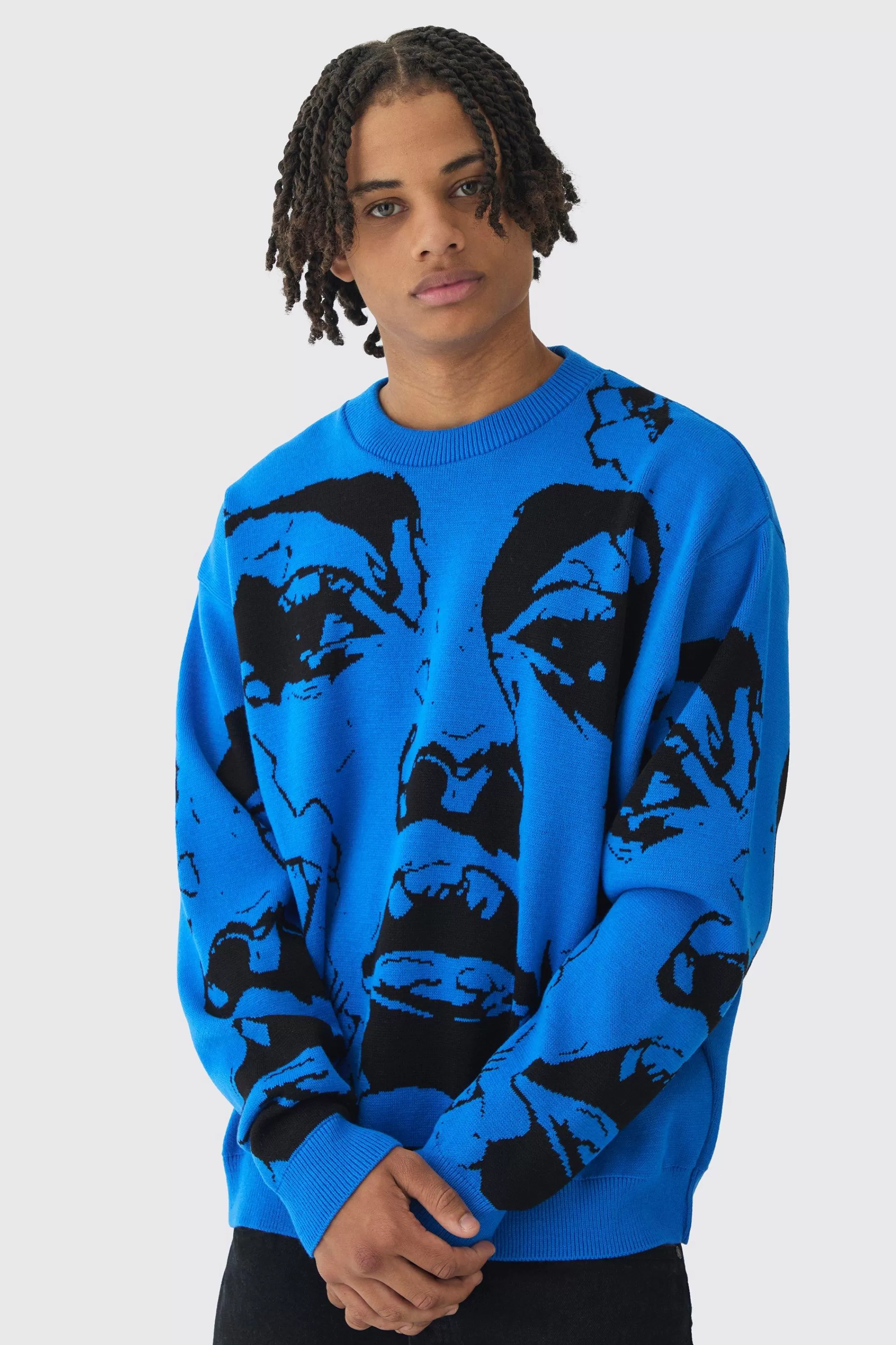 boohooMAN Oversized Boxy Line Face Knitted Jumper | UK