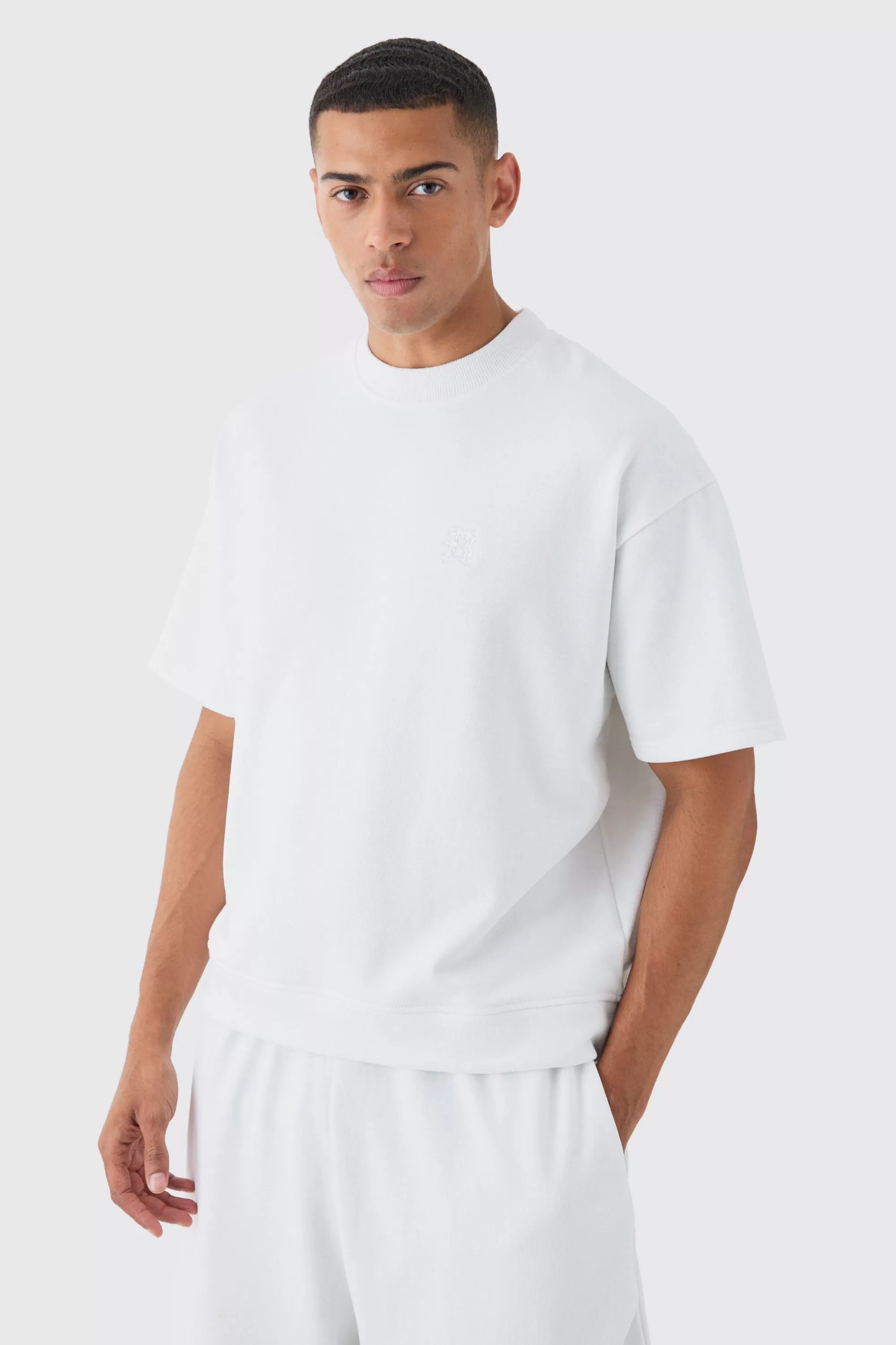 boohooMAN Oversized Boxy Loopback Embroidered Half Sleeve Sweatshirt | UK