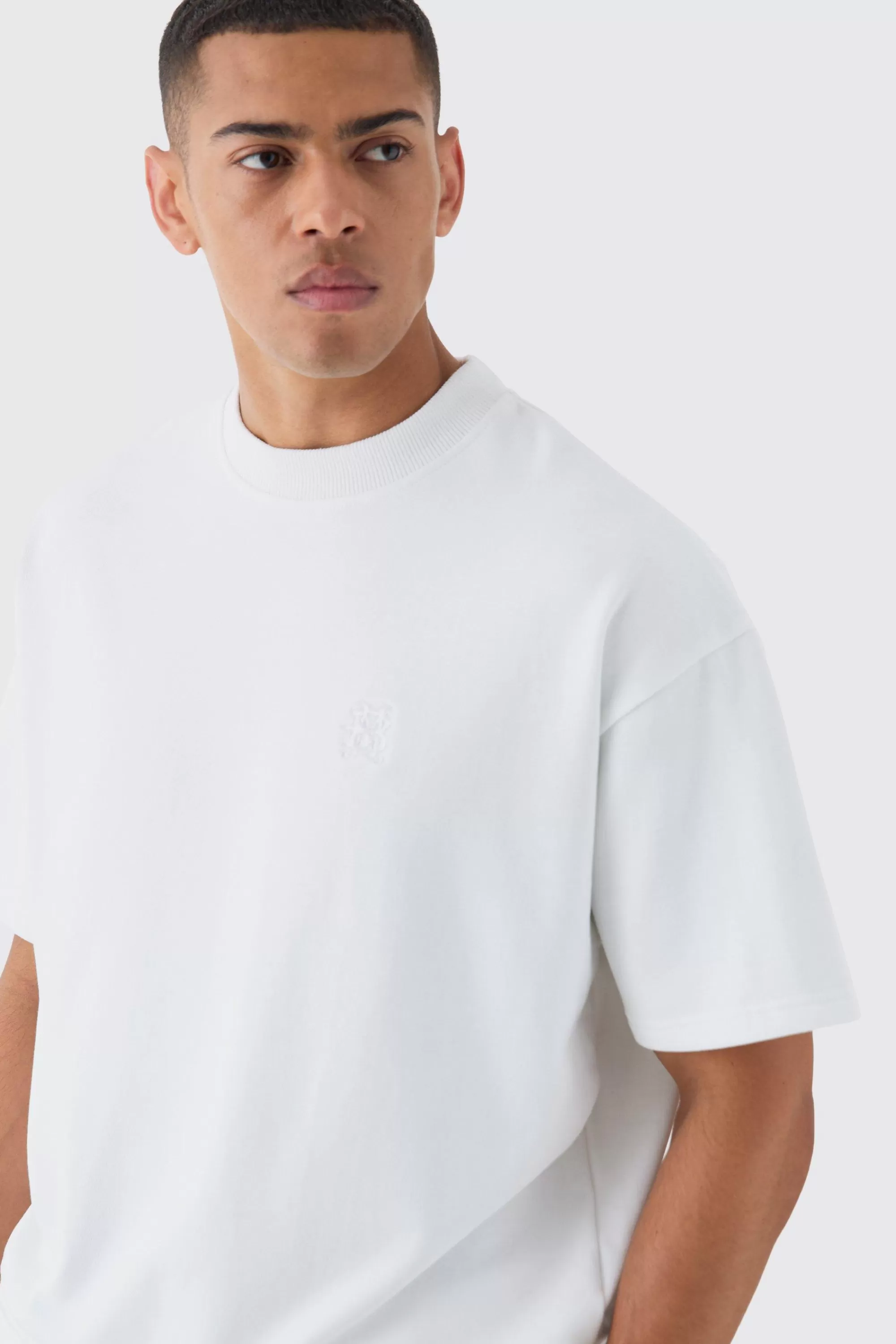 boohooMAN Oversized Boxy Loopback Embroidered Half Sleeve Sweatshirt | UK