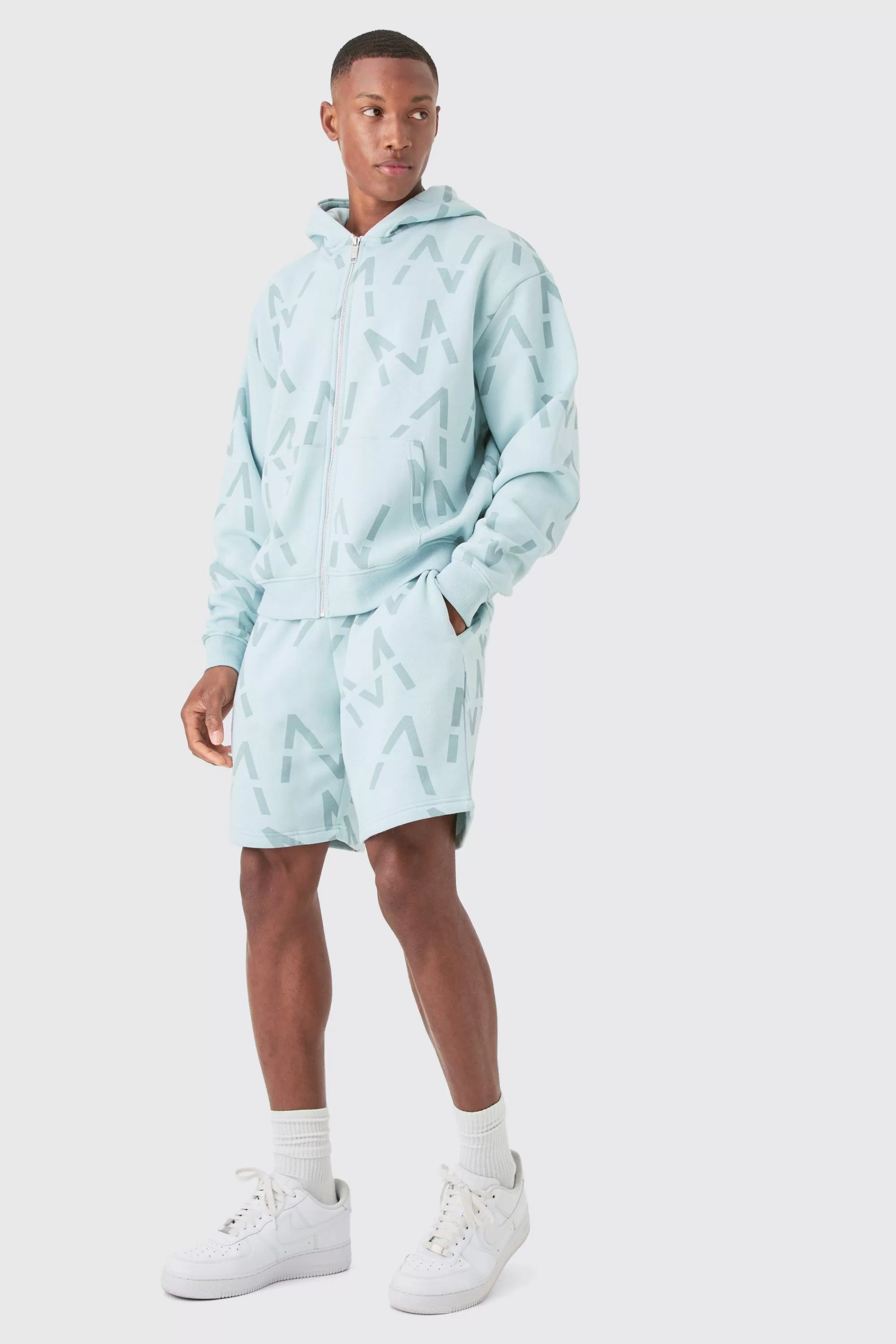 boohooMAN Oversized Boxy Man All Over Print Zip Hoodie Short Tracksuit | UK