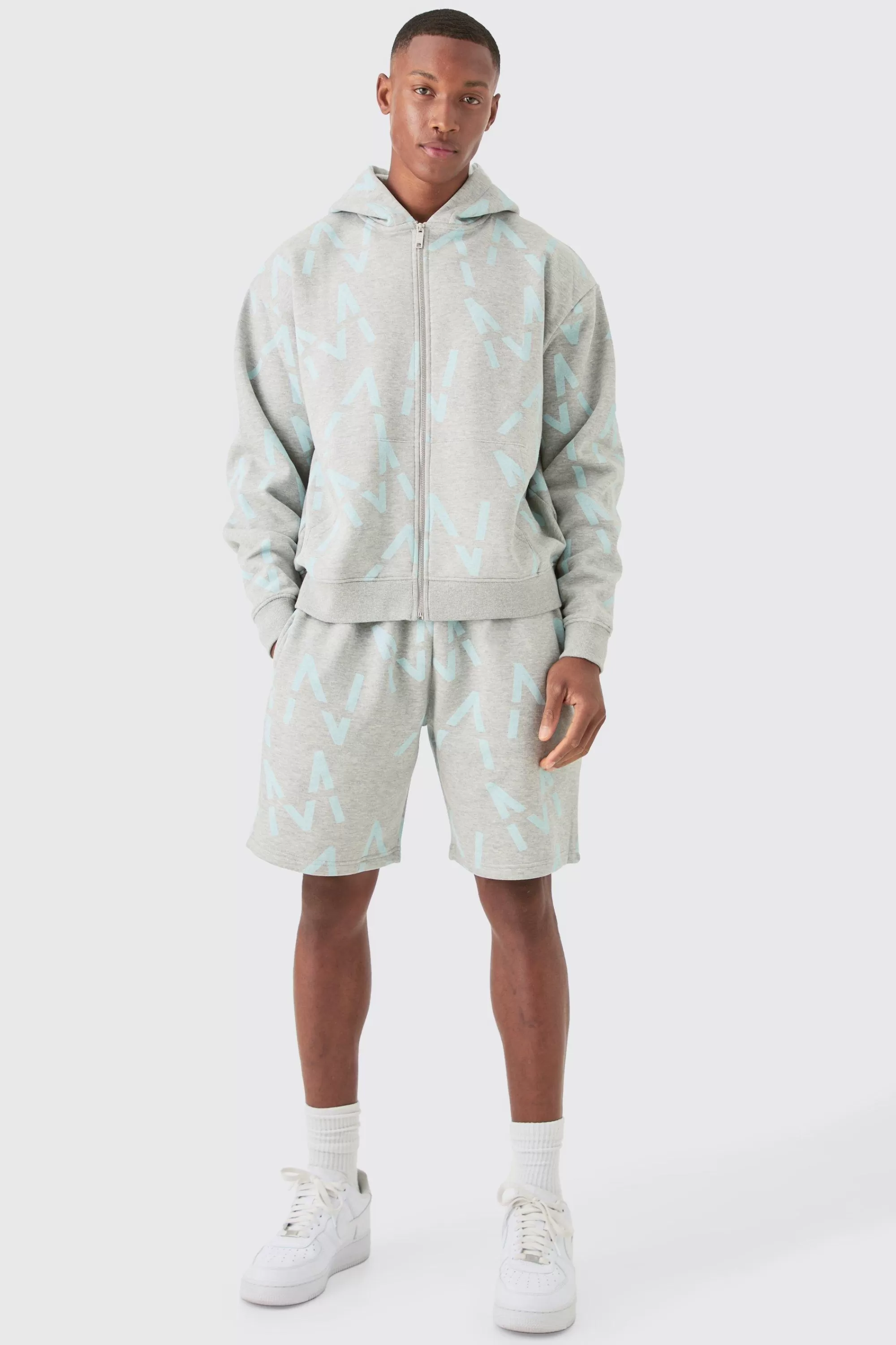 boohooMAN Oversized Boxy Man All Over Print Zip Hoodie Short Tracksuit | UK