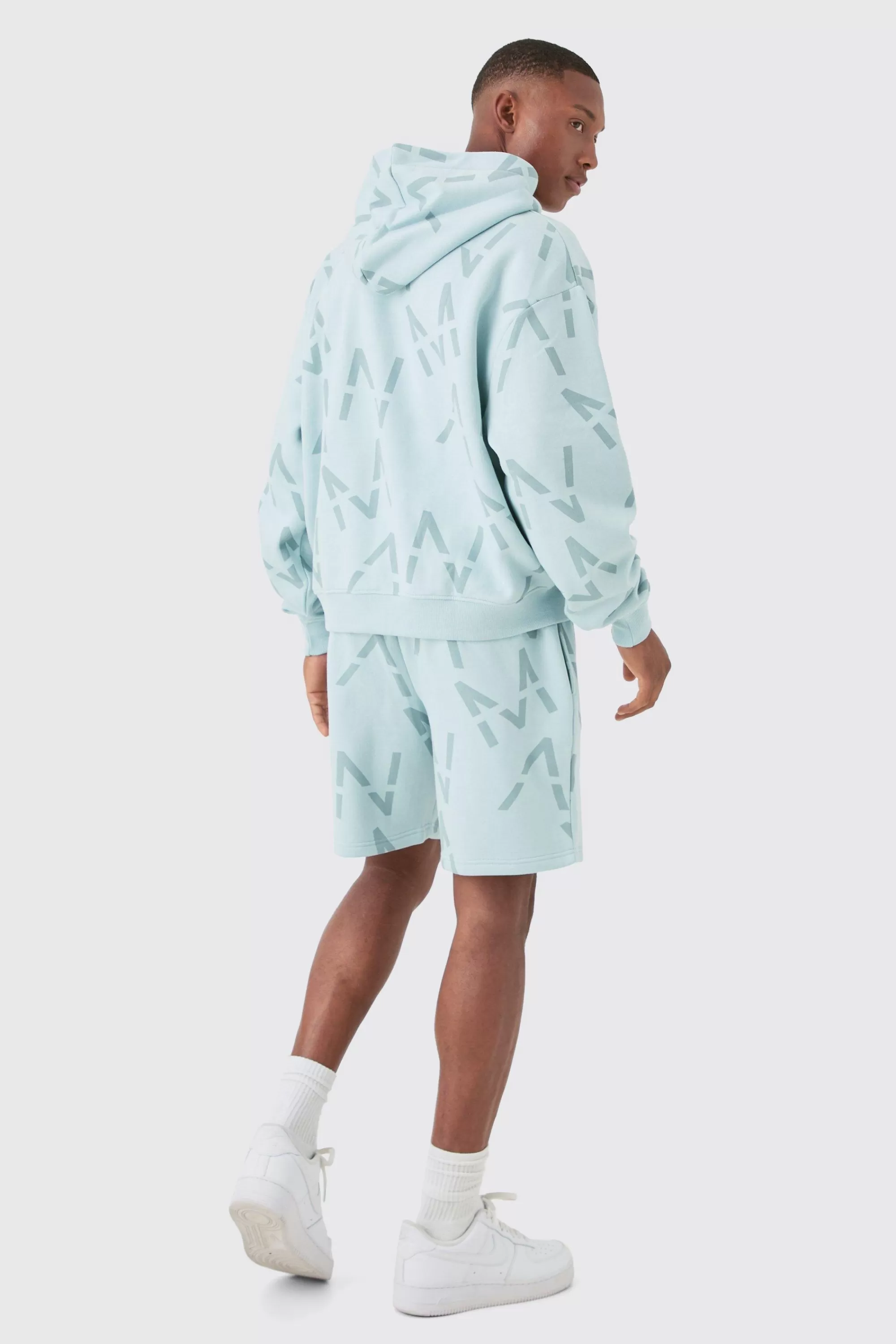 boohooMAN Oversized Boxy Man All Over Print Zip Hoodie Short Tracksuit | UK