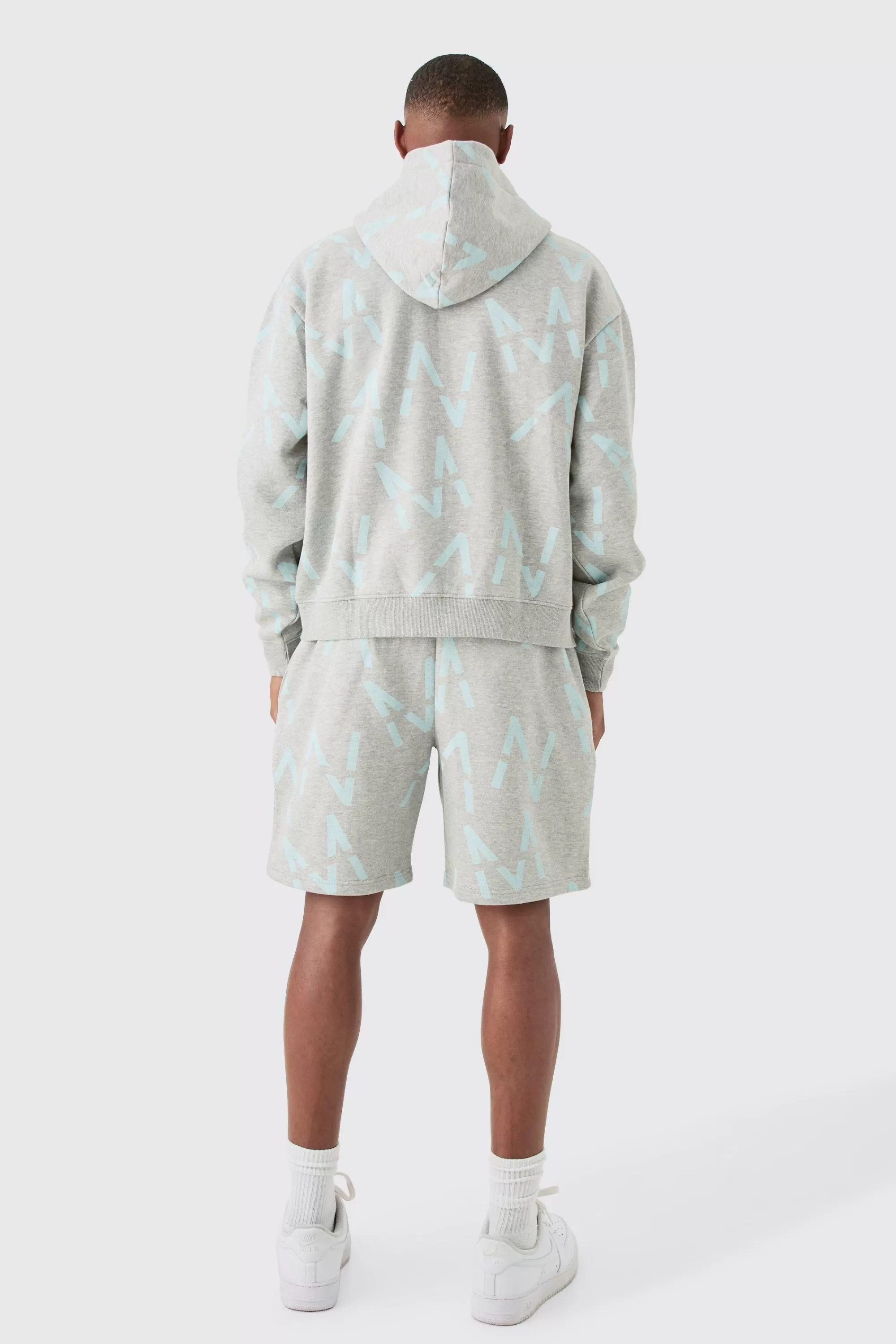boohooMAN Oversized Boxy Man All Over Print Zip Hoodie Short Tracksuit | UK