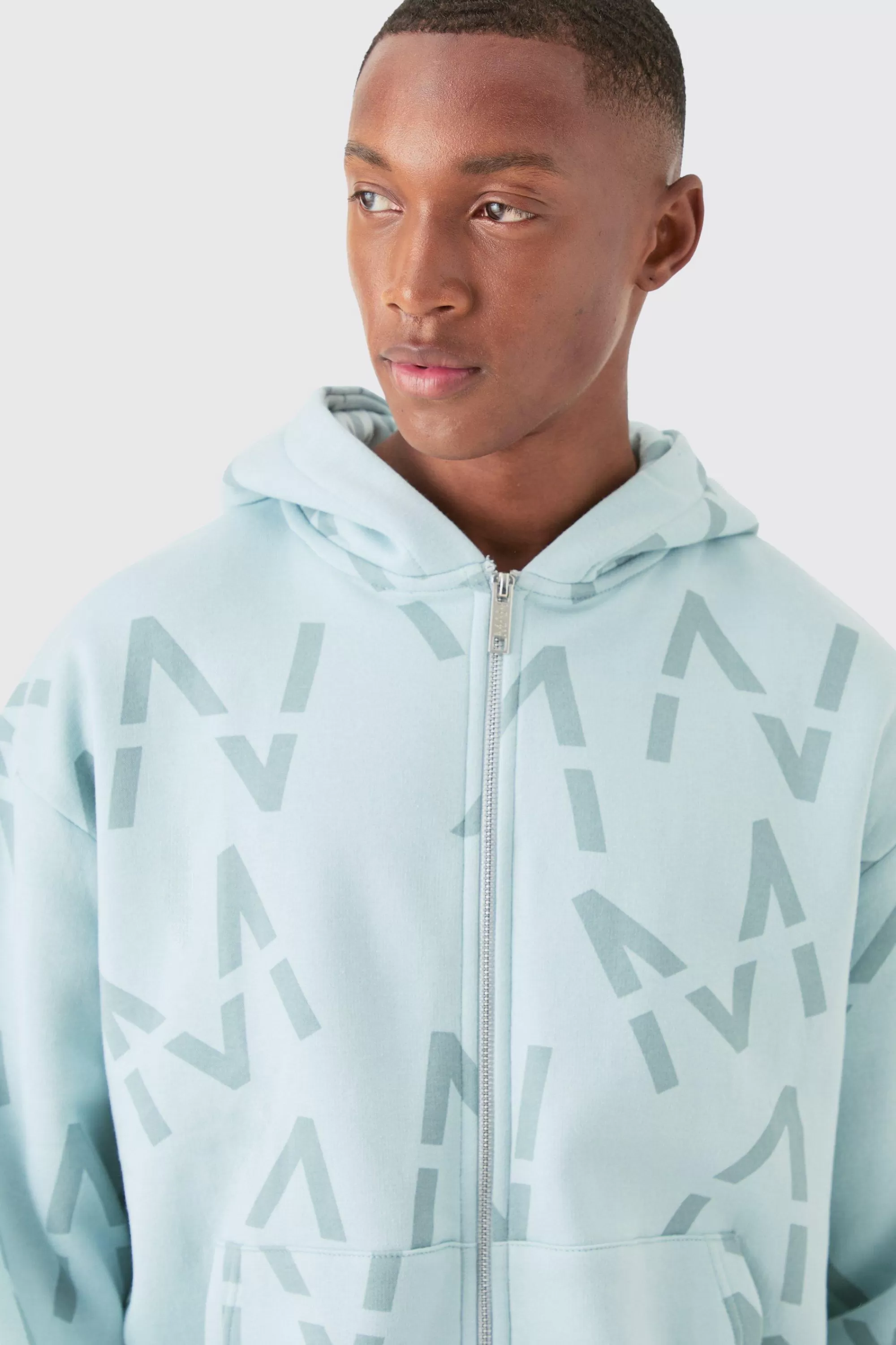 boohooMAN Oversized Boxy Man All Over Print Zip Hoodie Short Tracksuit | UK