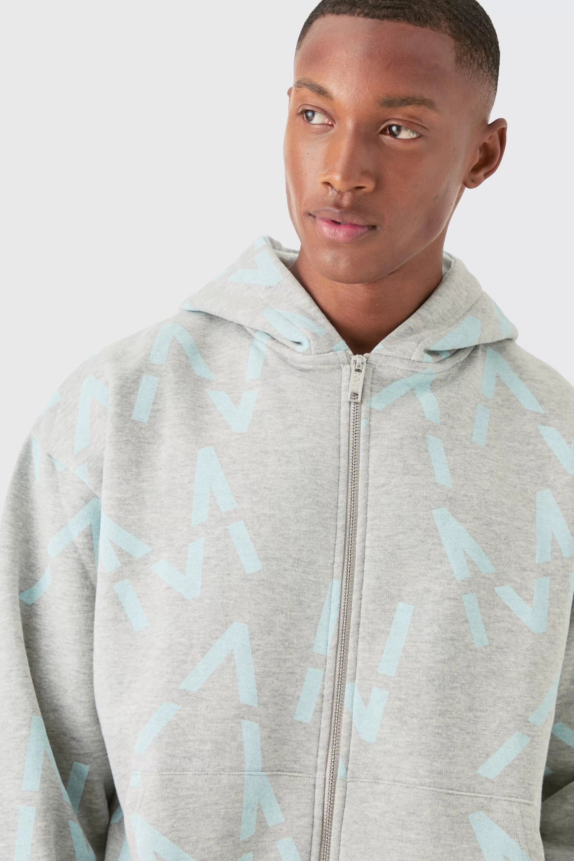 boohooMAN Oversized Boxy Man All Over Print Zip Hoodie Short Tracksuit | UK