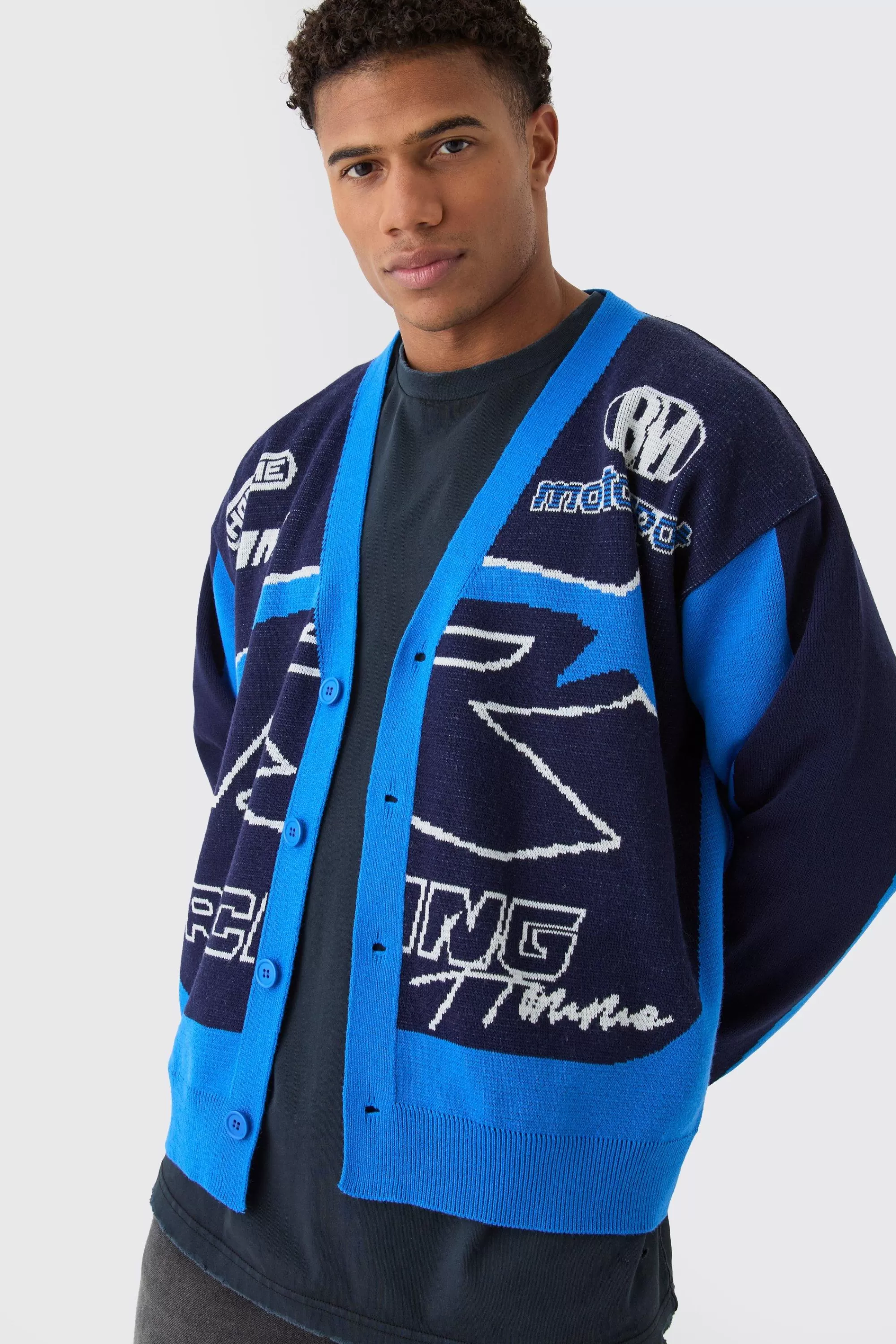 boohooMAN Oversized Boxy Moto Racing Knitted Cardigan | UK