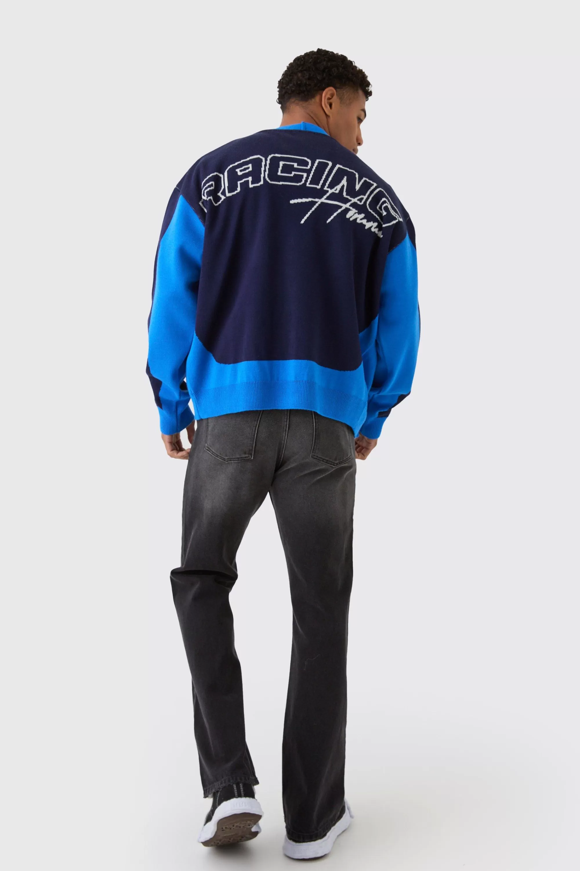 boohooMAN Oversized Boxy Moto Racing Knitted Cardigan | UK