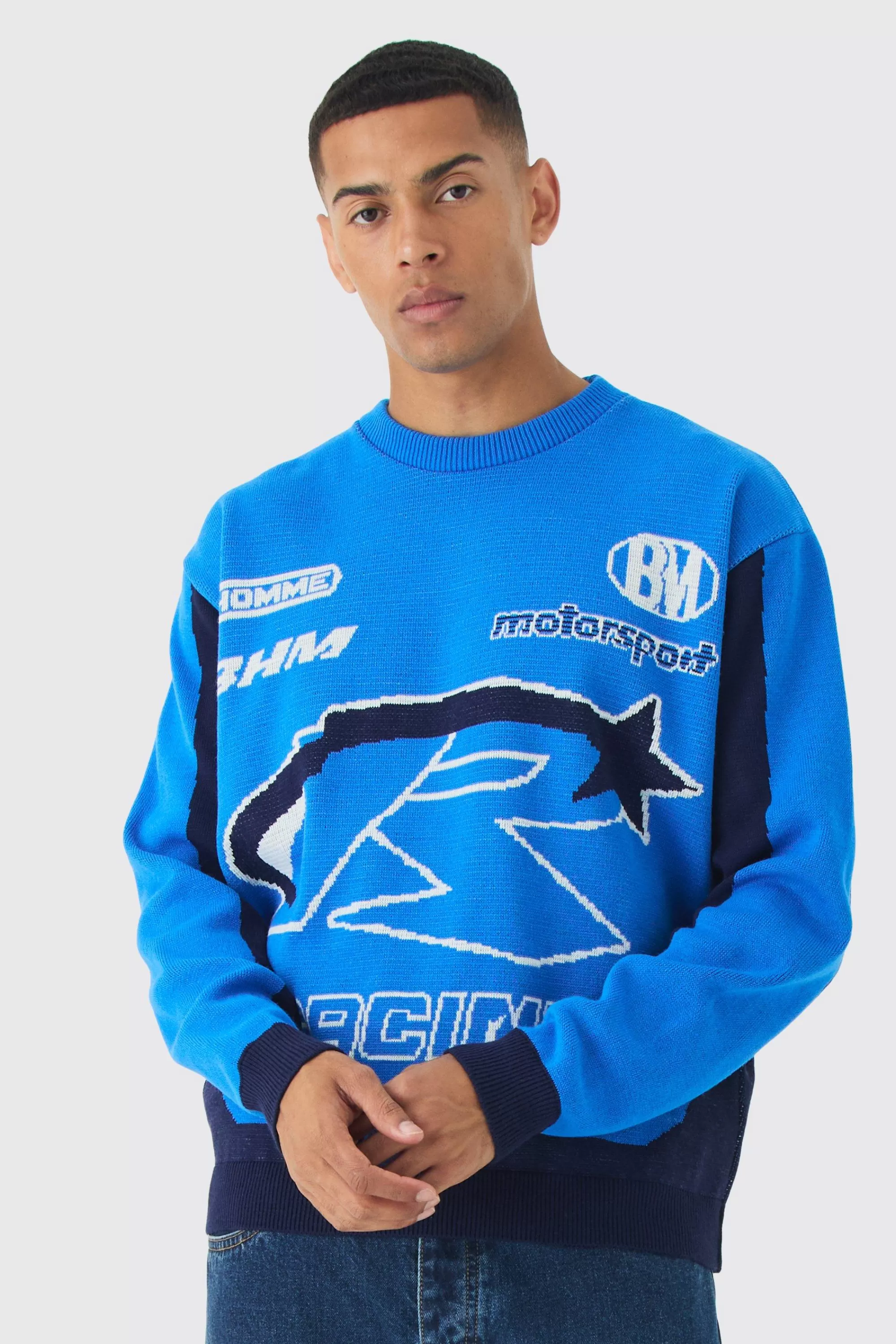 boohooMAN Oversized Boxy Moto Racing Knitted Jumper | UK