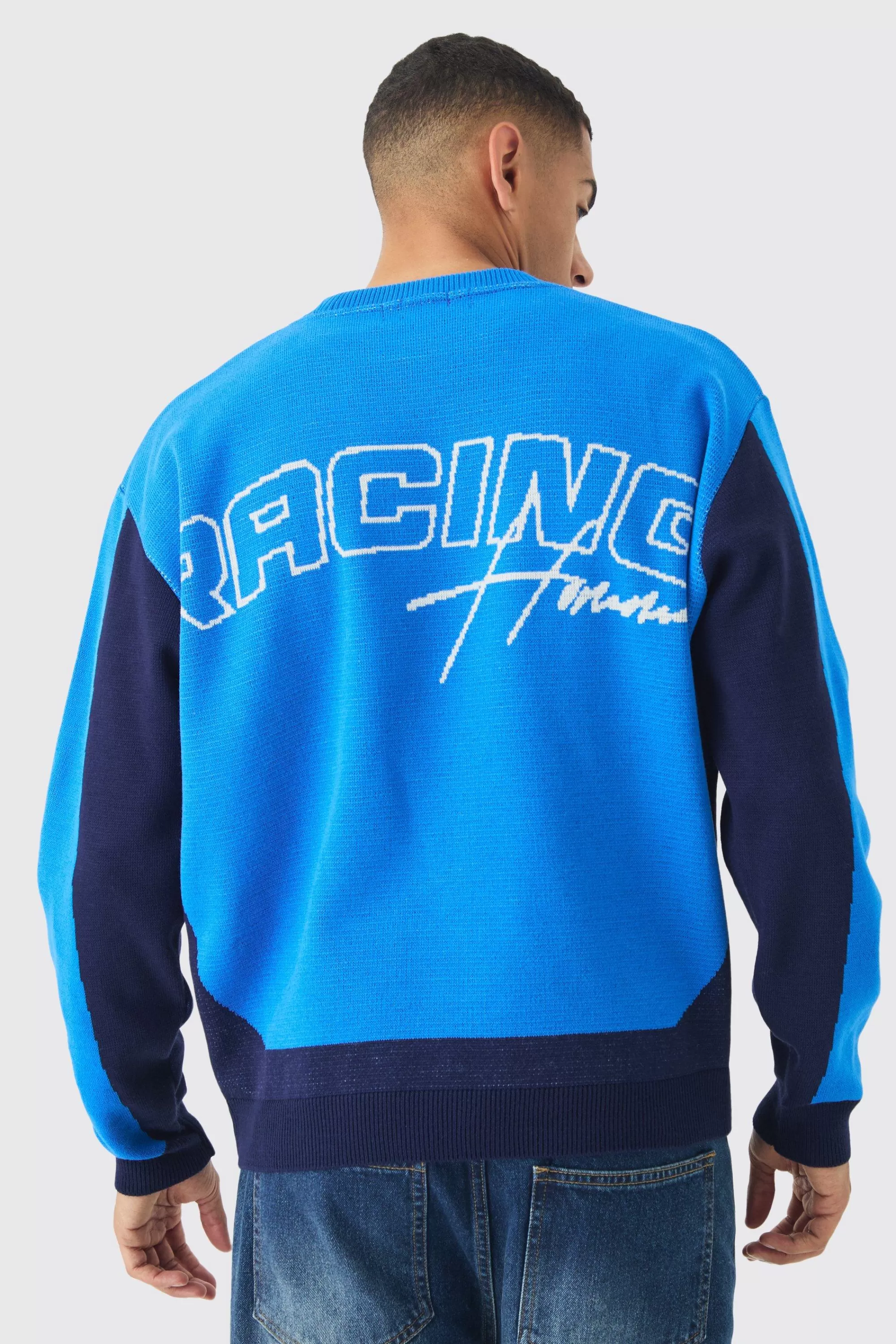 boohooMAN Oversized Boxy Moto Racing Knitted Jumper | UK
