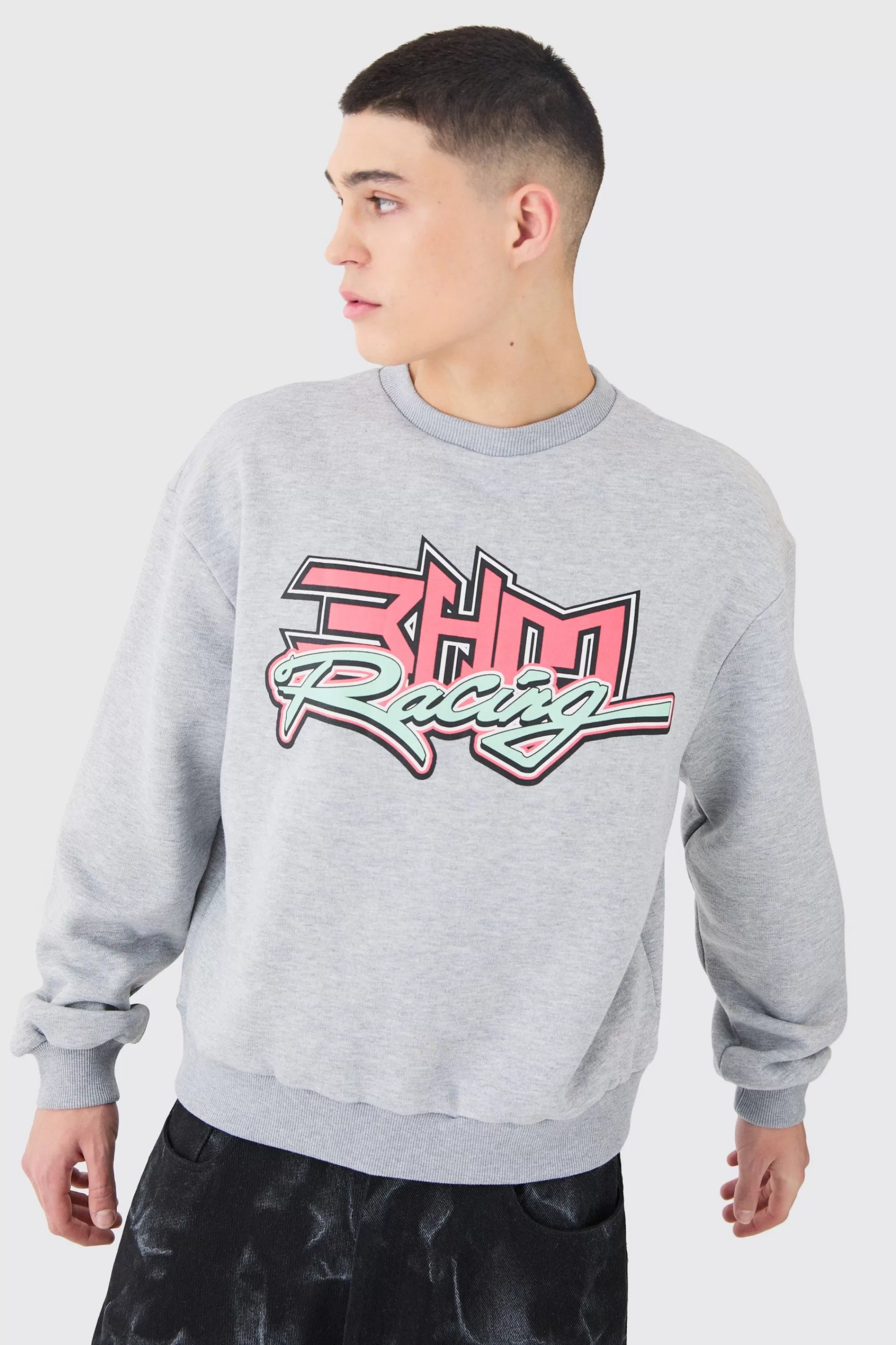 boohooMAN Oversized Boxy Moto Racing Sweatshirt | UK