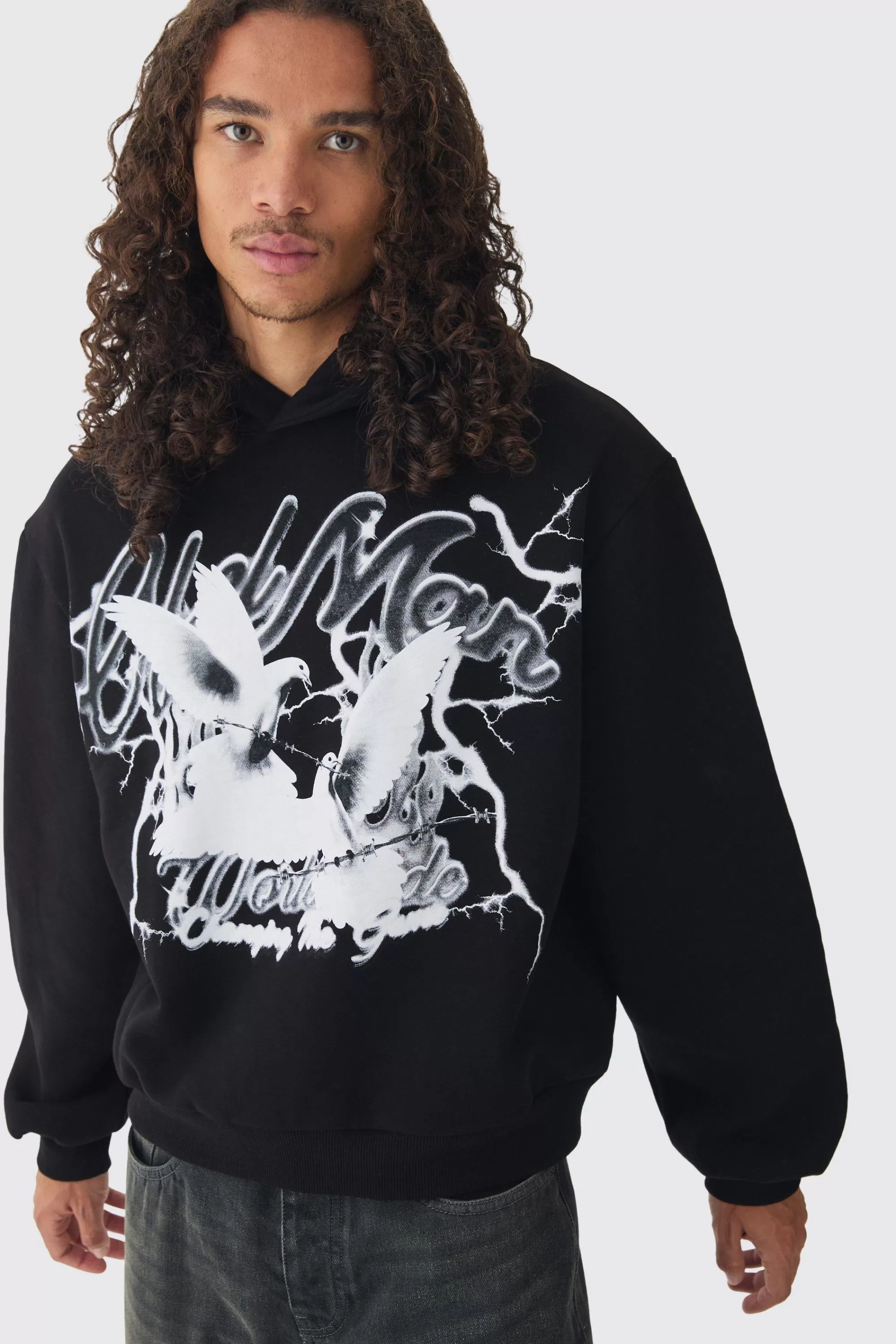 boohooMAN Oversized Boxy OFCL Man Dove Large Scale Print Hoodie | UK