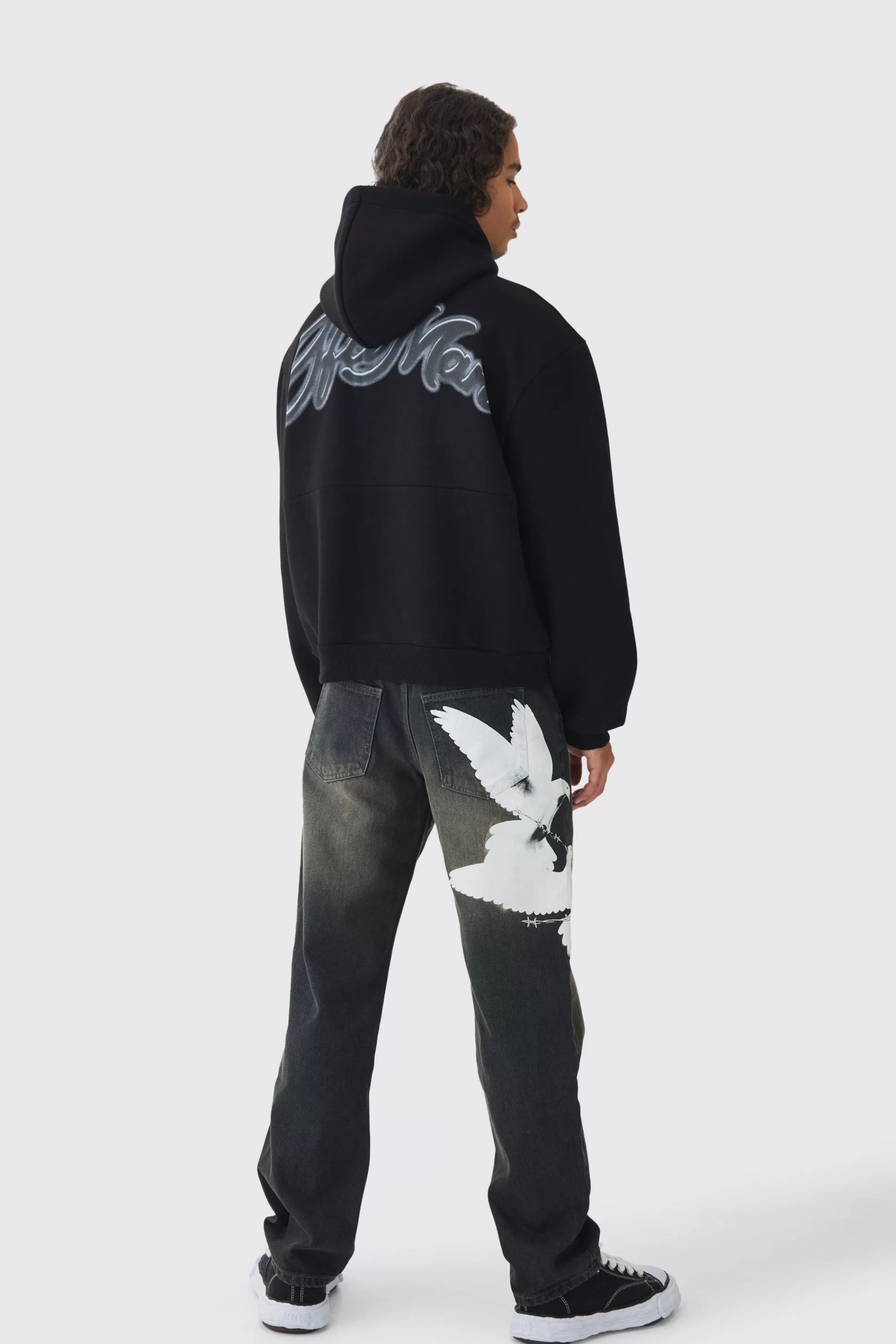 boohooMAN Oversized Boxy OFCL Man Dove Large Scale Print Hoodie | UK