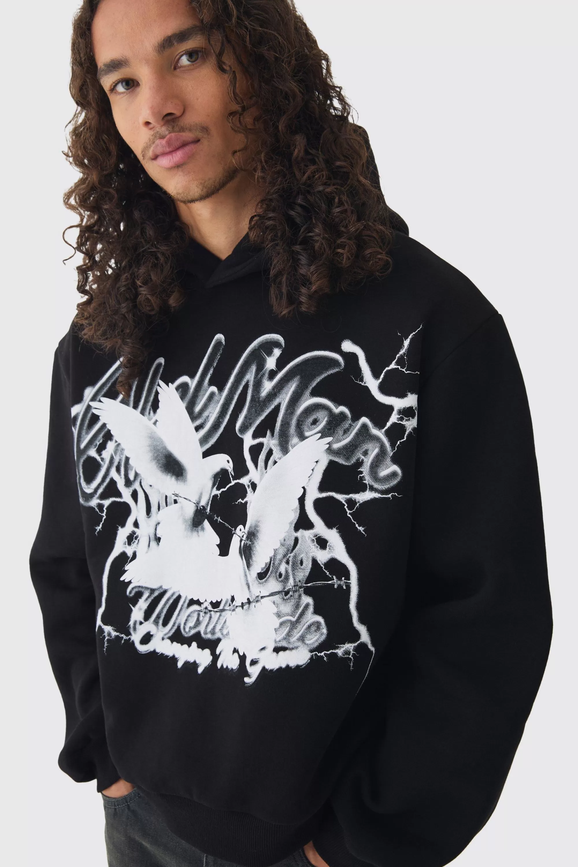 boohooMAN Oversized Boxy OFCL Man Dove Large Scale Print Hoodie | UK