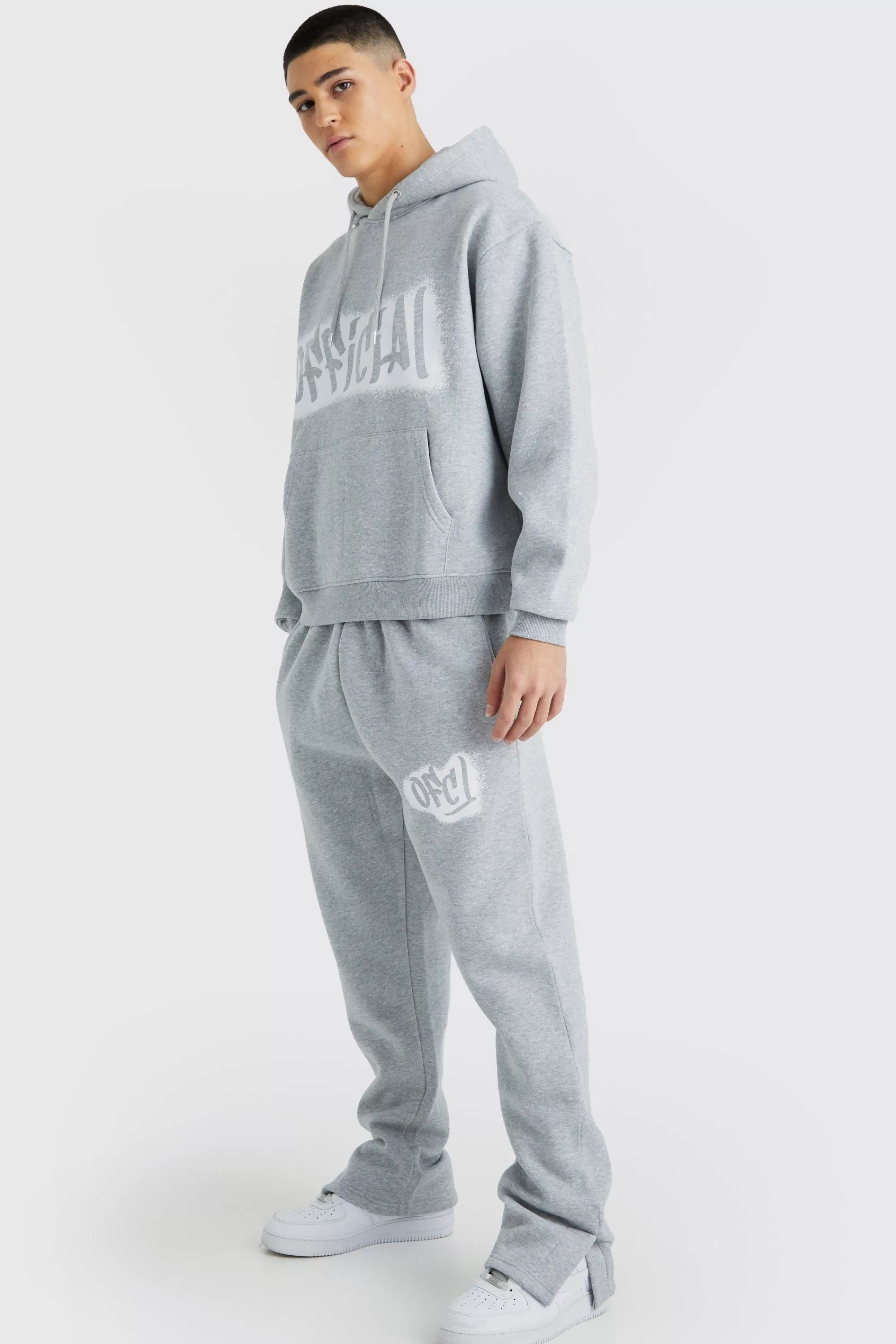 boohooMAN Oversized Boxy Ofcl Spray Split Hem Tracksuit | UK