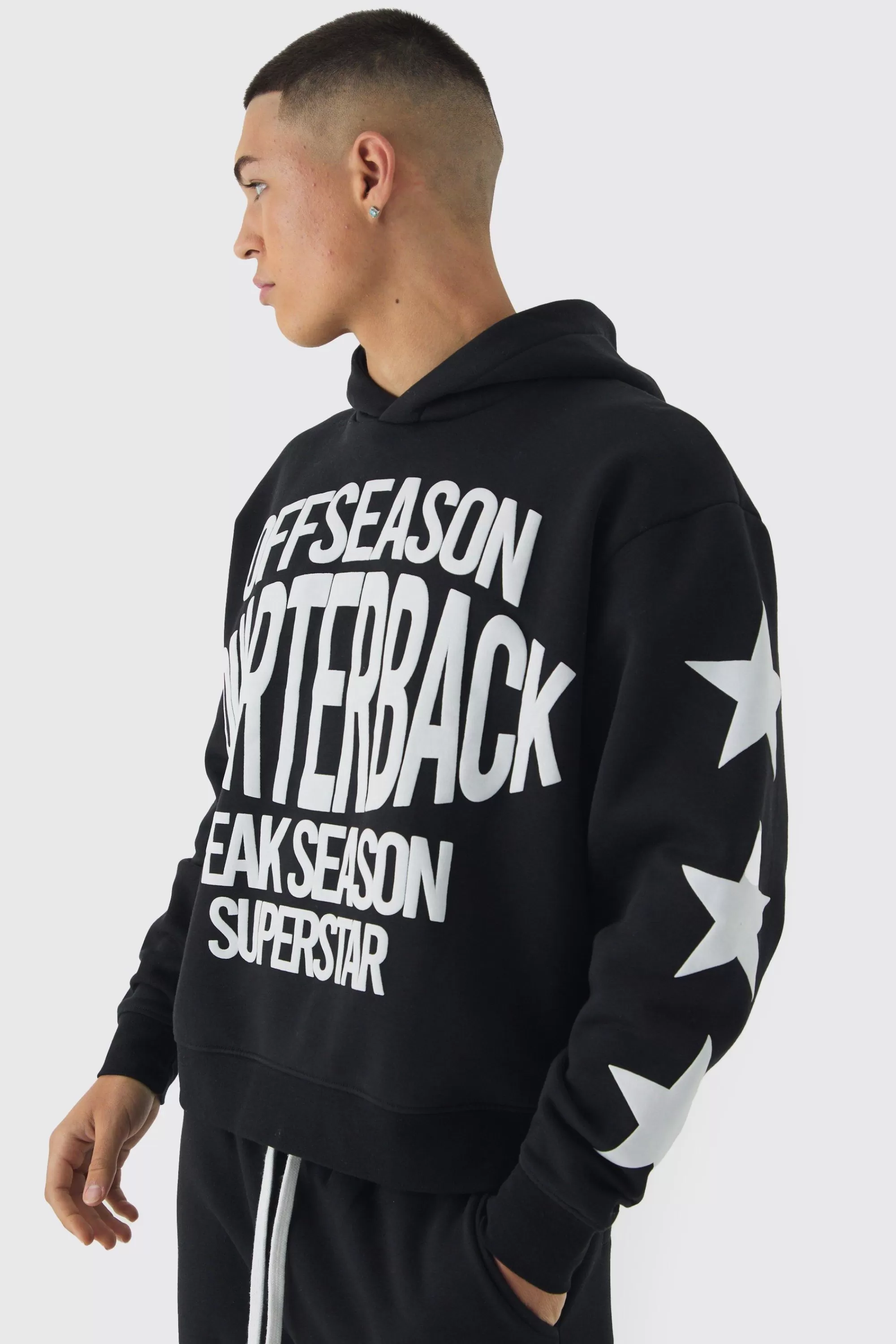 boohooMAN Oversized Boxy Off Season Puff Printed Hoodie | UK