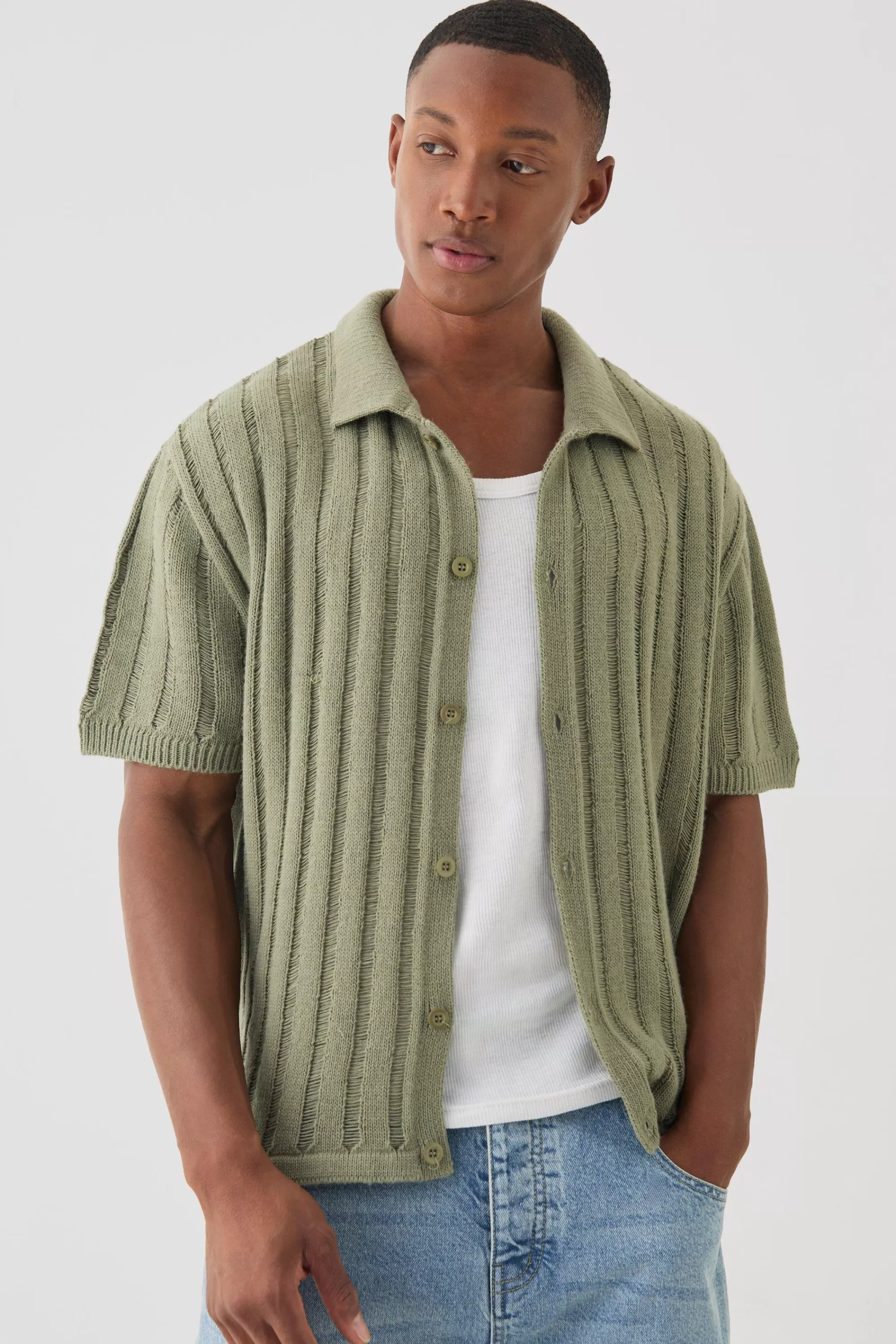 boohooMAN Oversized Boxy Open Ladder Stitch Knitted Shirt In | UK