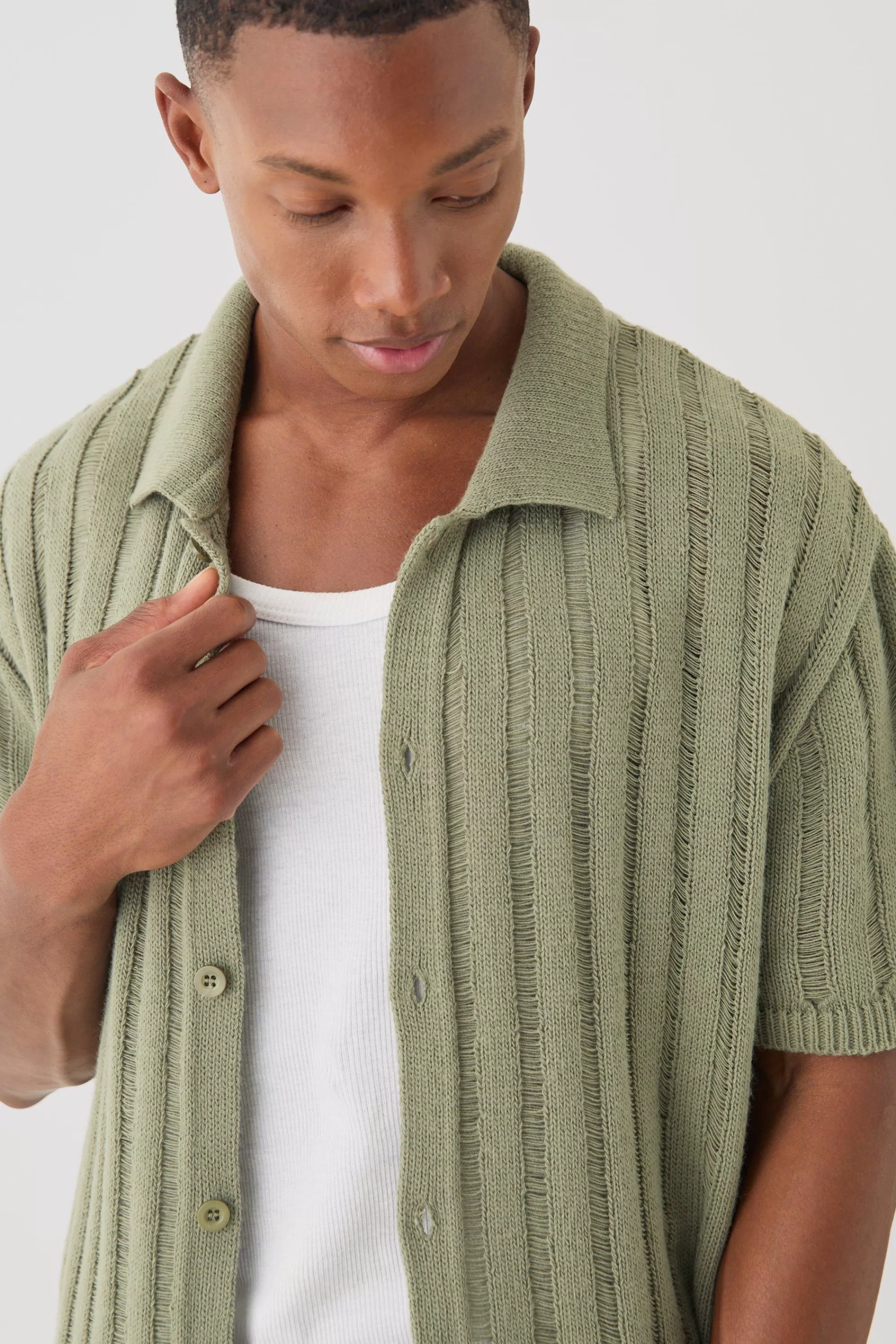 boohooMAN Oversized Boxy Open Ladder Stitch Knitted Shirt In | UK