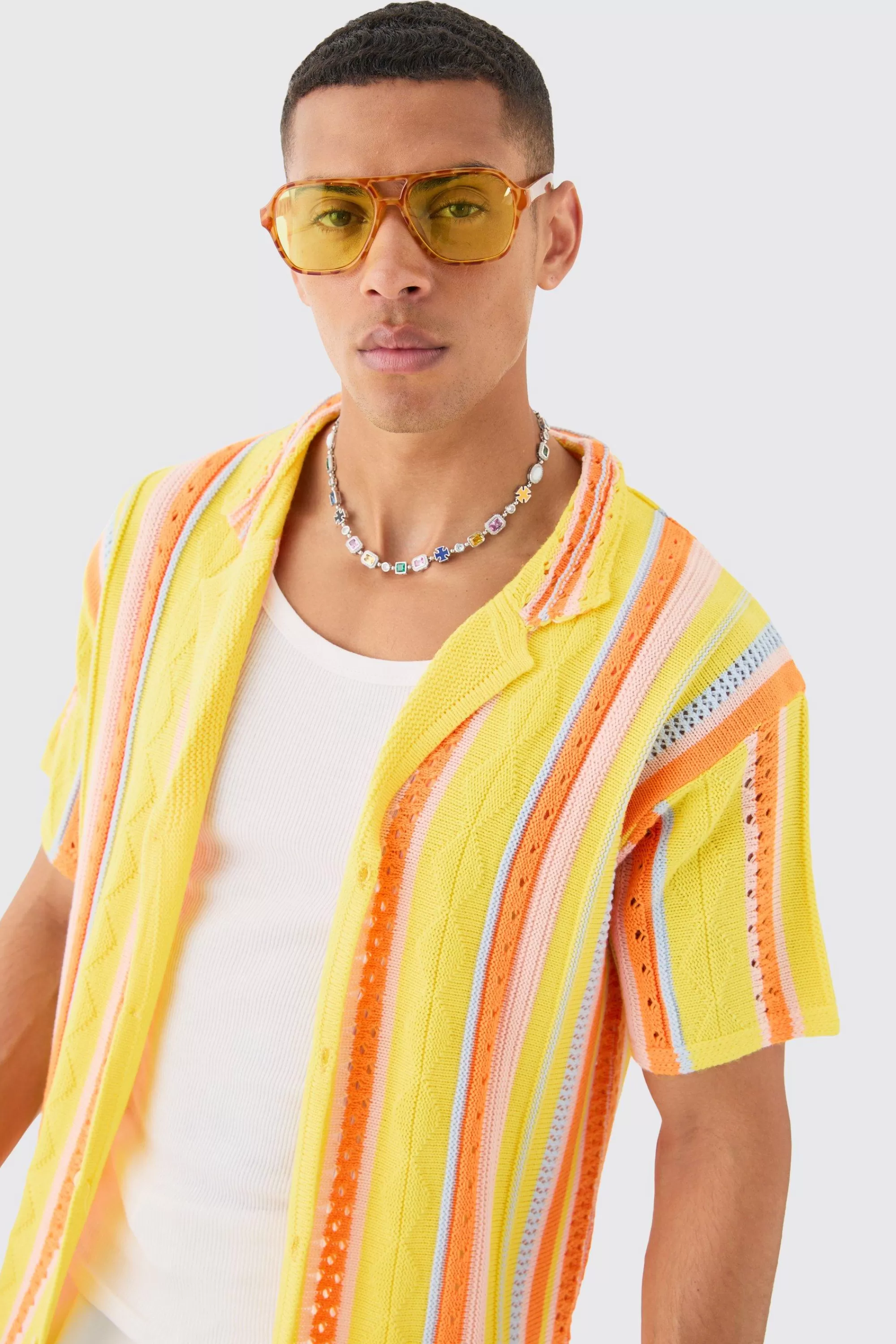 boohooMAN Oversized Boxy Open Stitch 3D Knit Shirt In | UK