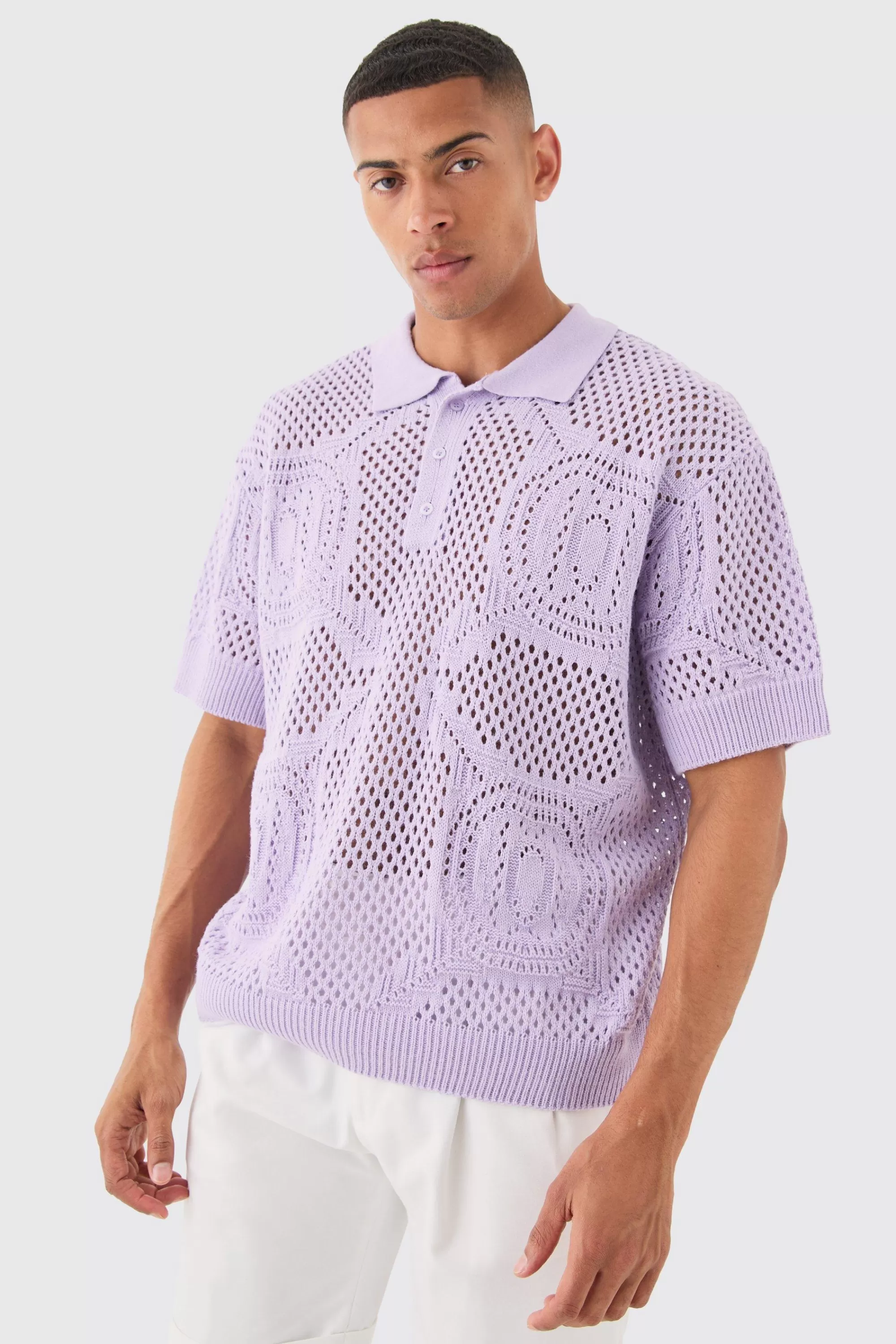 boohooMAN Oversized Boxy Open Stitch All Over Textured Polo In | UK