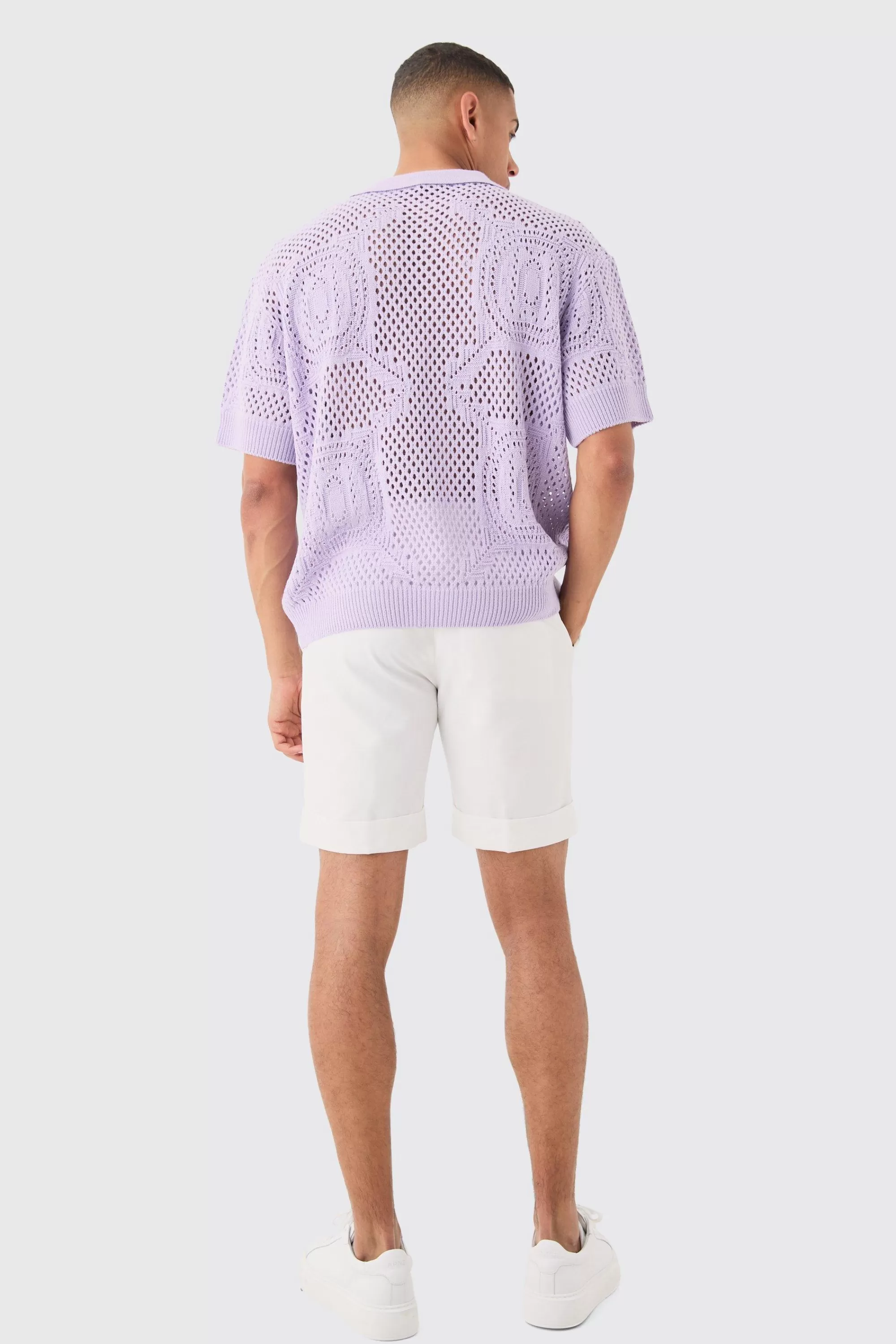 boohooMAN Oversized Boxy Open Stitch All Over Textured Polo In | UK