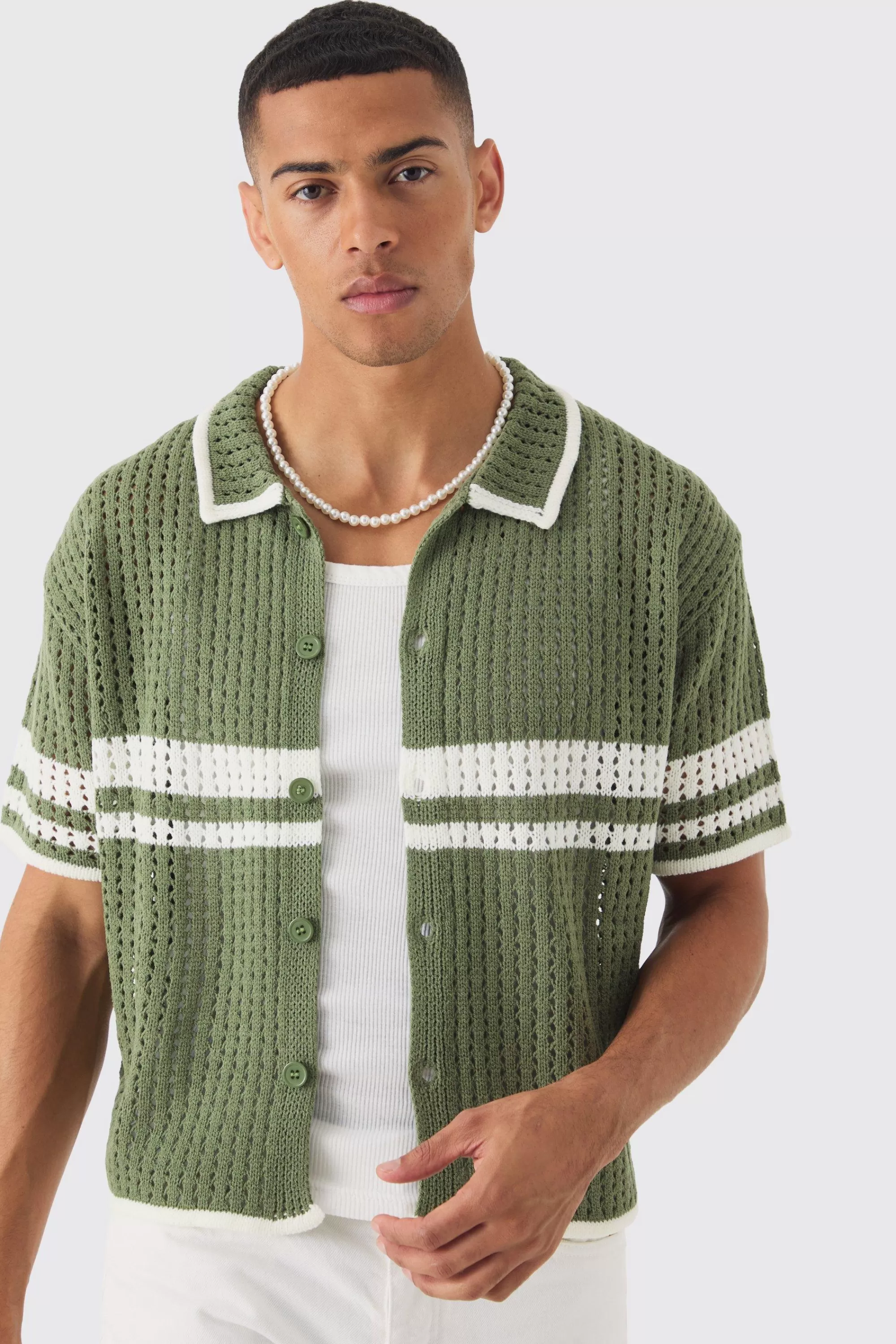 boohooMAN Oversized Boxy Open Stitch Colour Block Knit Shirt | UK
