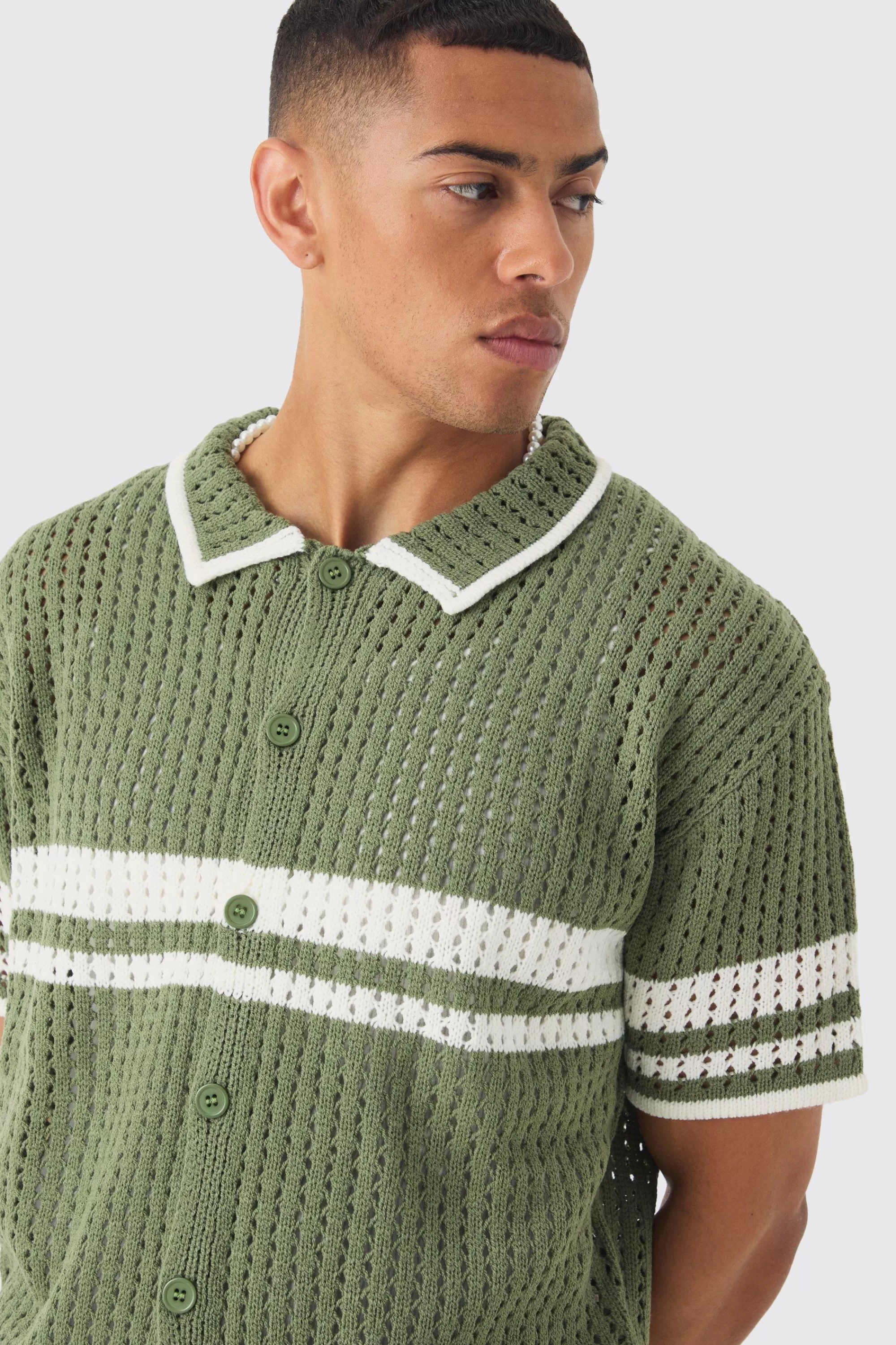 boohooMAN Oversized Boxy Open Stitch Colour Block Knit Shirt | UK