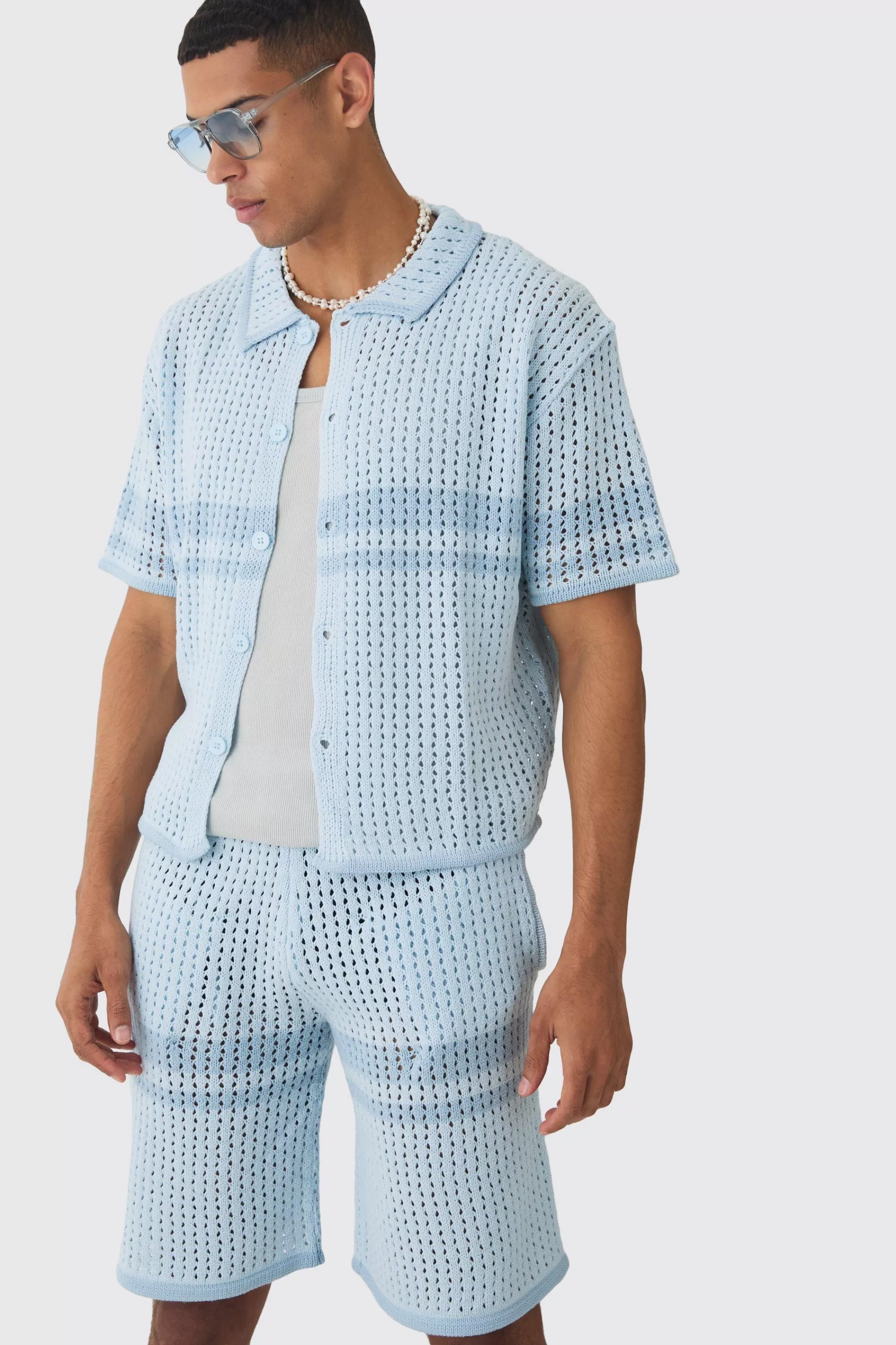boohooMAN Oversized Boxy Open Stitch Colour Block Shirt & Short Set | UK