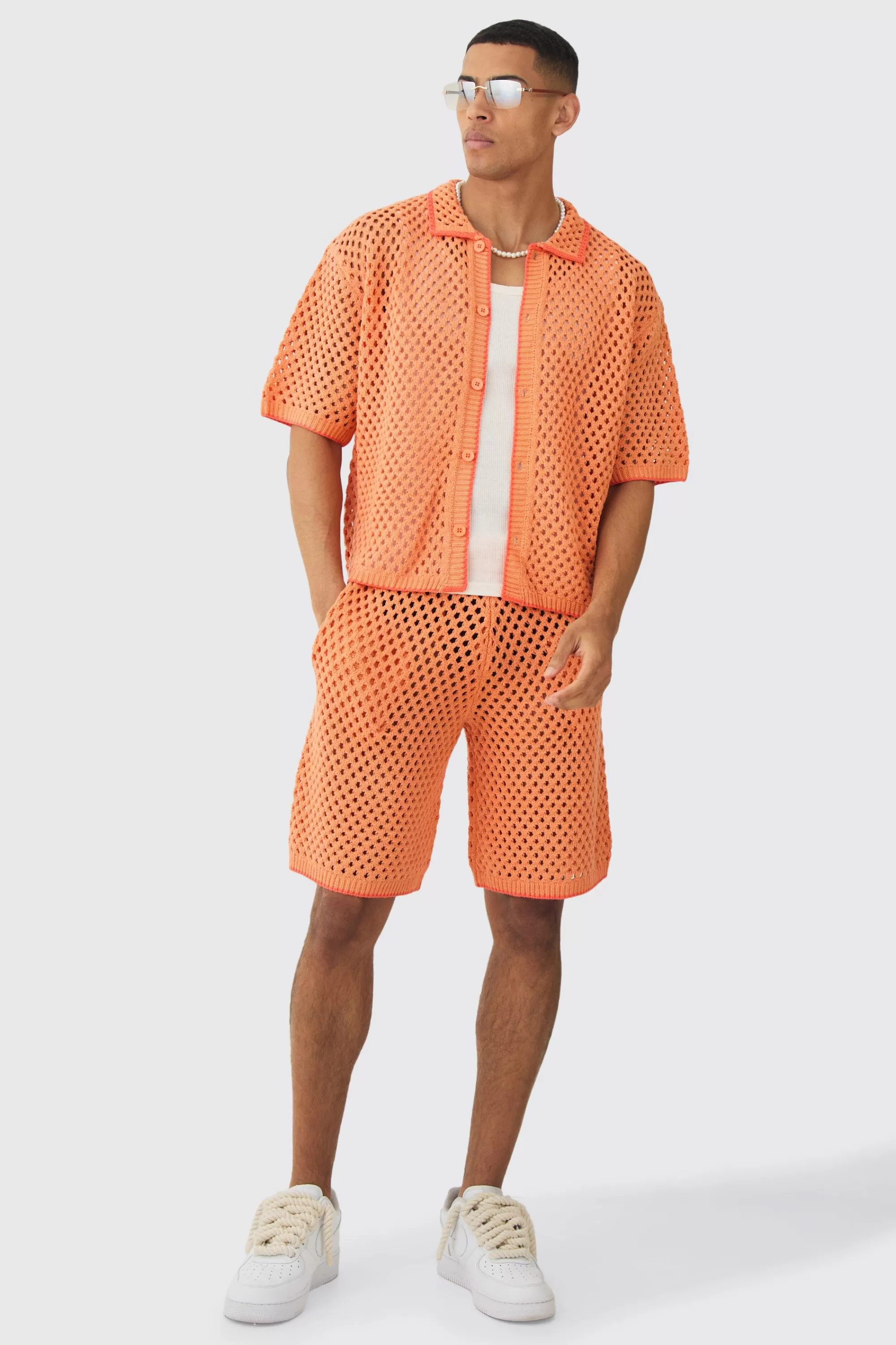 boohooMAN Oversized Boxy Open Stitch Contrast Tipping Shirt Short Set | UK