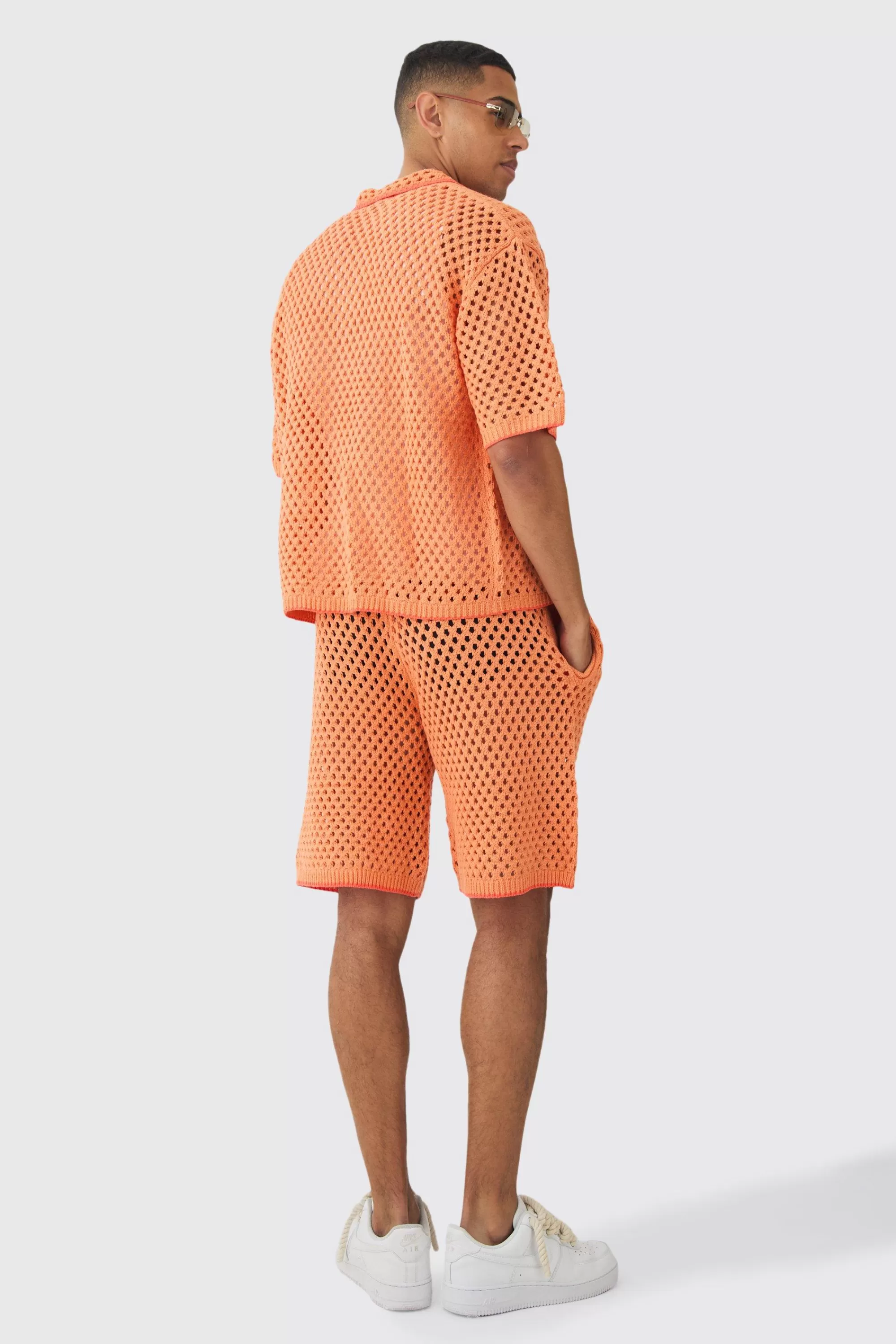 boohooMAN Oversized Boxy Open Stitch Contrast Tipping Shirt Short Set | UK