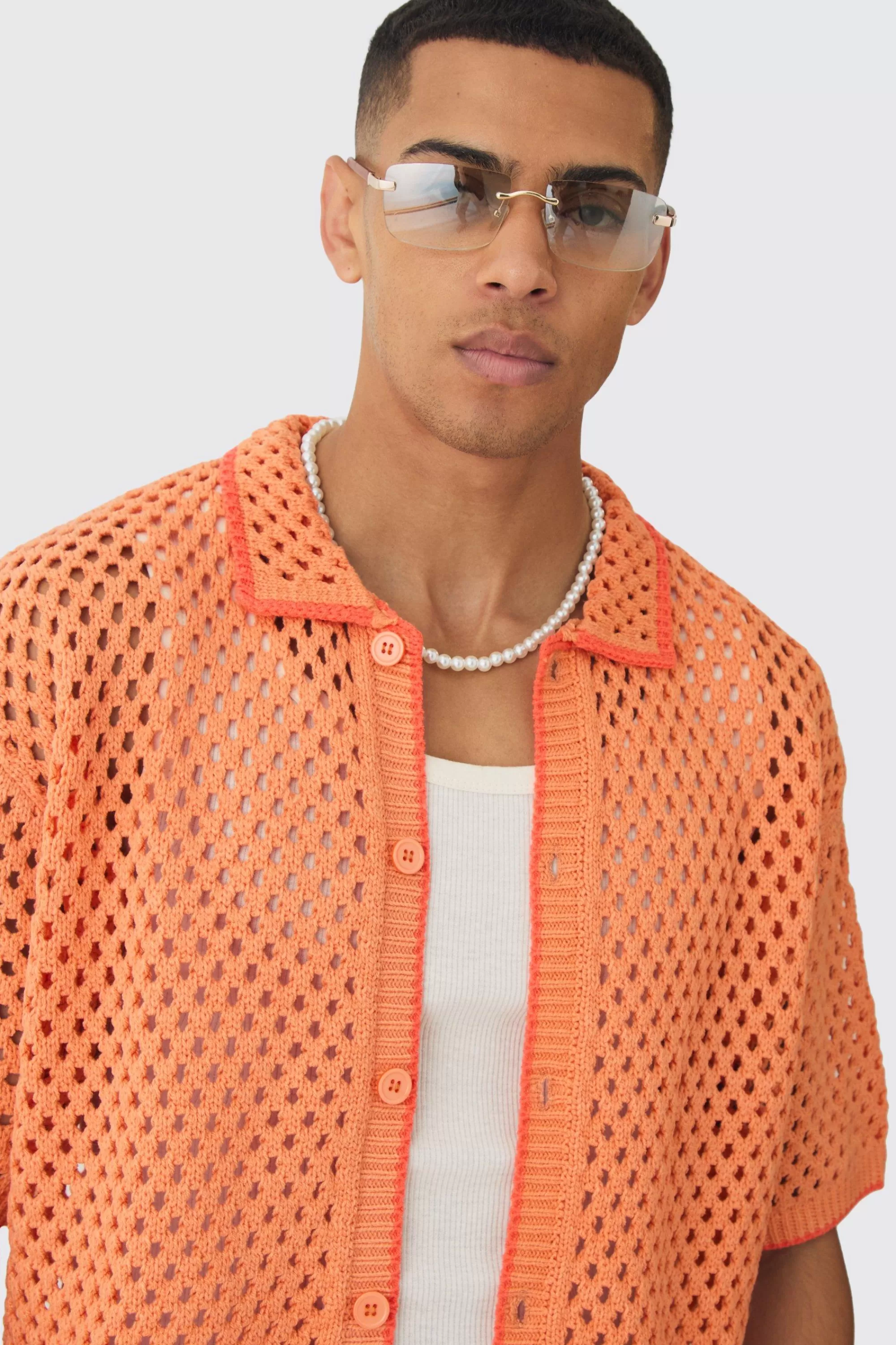 boohooMAN Oversized Boxy Open Stitch Contrast Tipping Shirt Short Set | UK