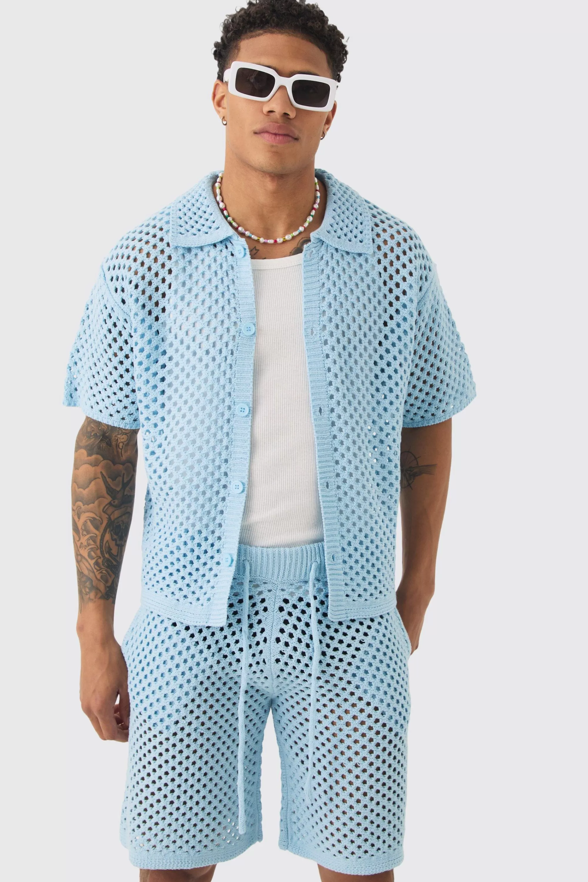 boohooMAN Oversized Boxy Open Stitch Shirt & Short Set With Metal Tab | UK
