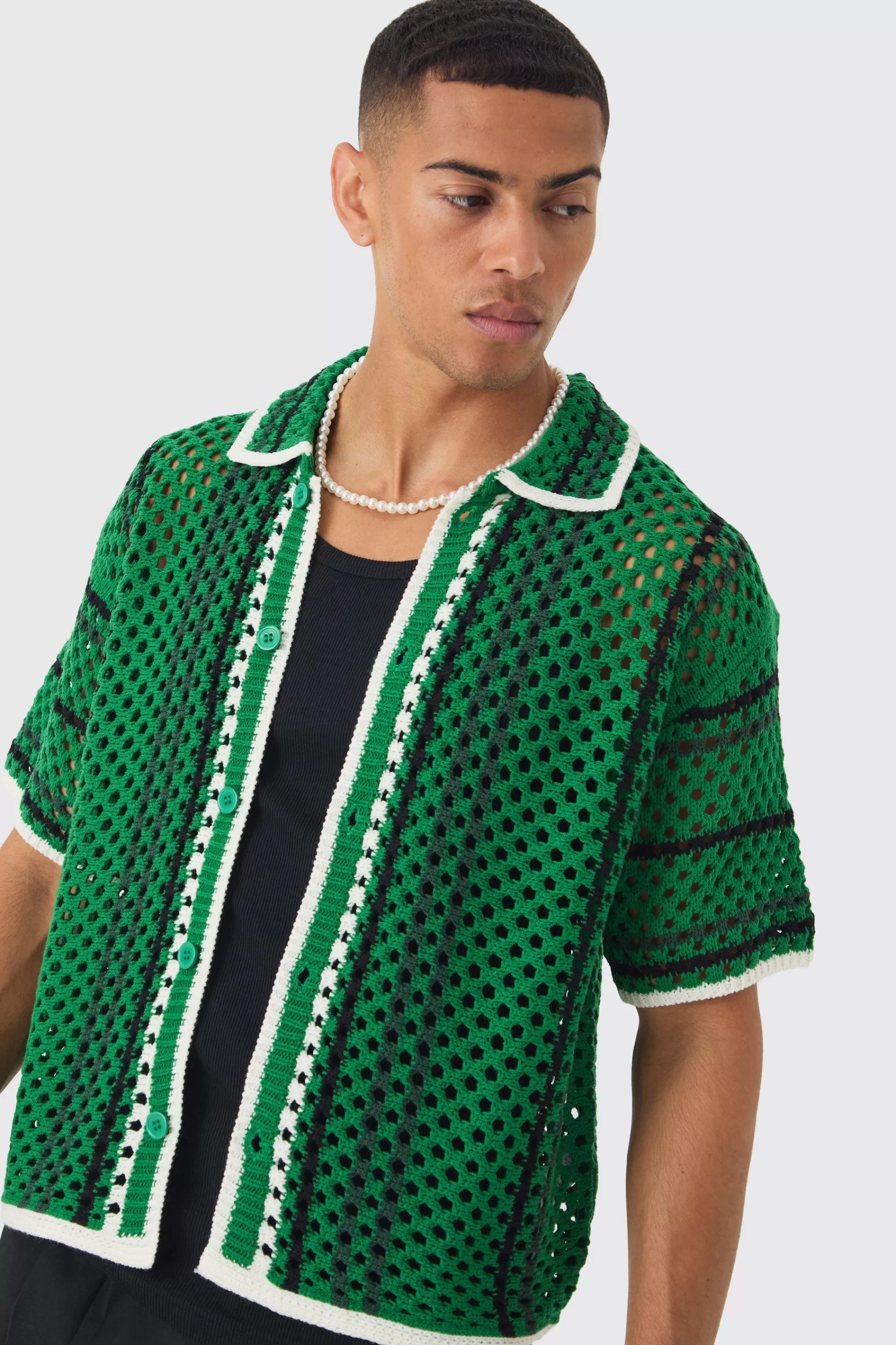boohooMAN Oversized Boxy Open Stitch Stripe Knit Shirt | UK